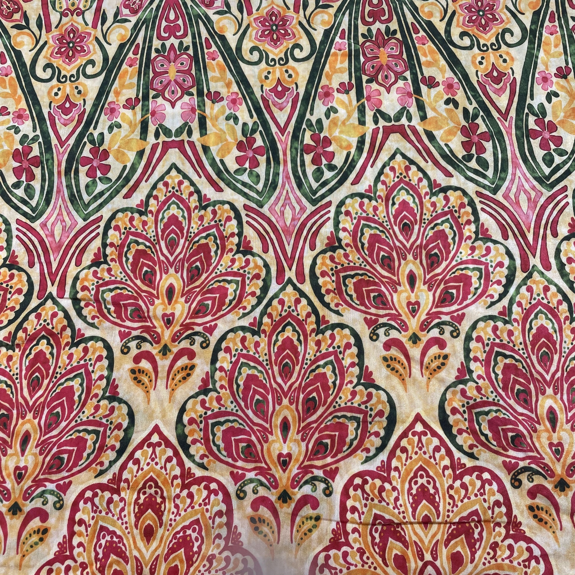 Yellow Red Tropical Print Viscose Muslin Fabric