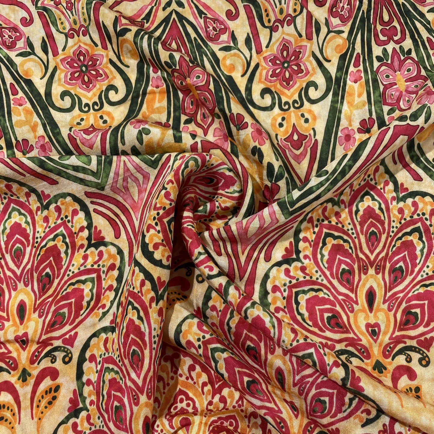 Yellow Red Tropical Print Viscose Muslin Fabric