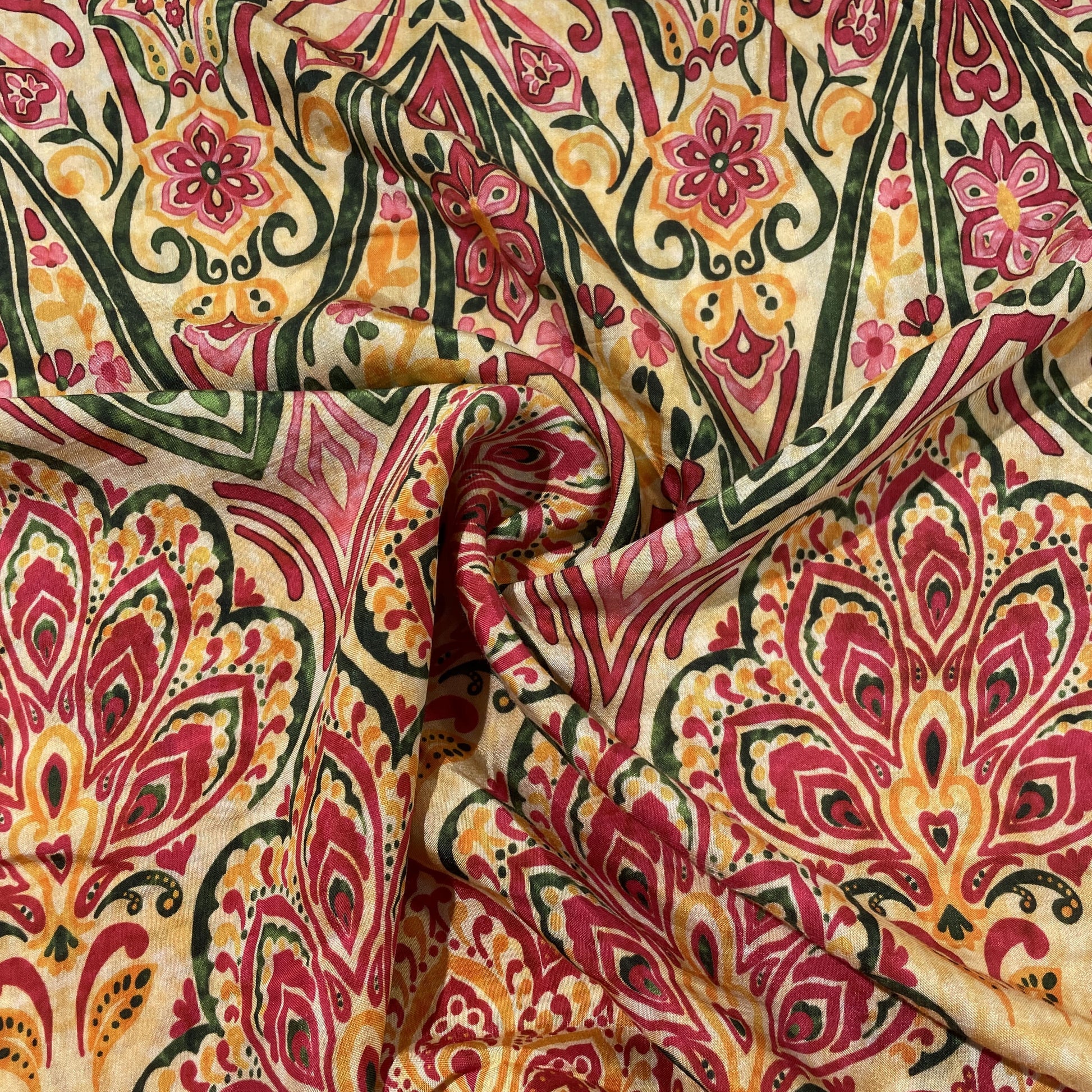 Yellow Red Tropical Print Viscose Muslin Fabric