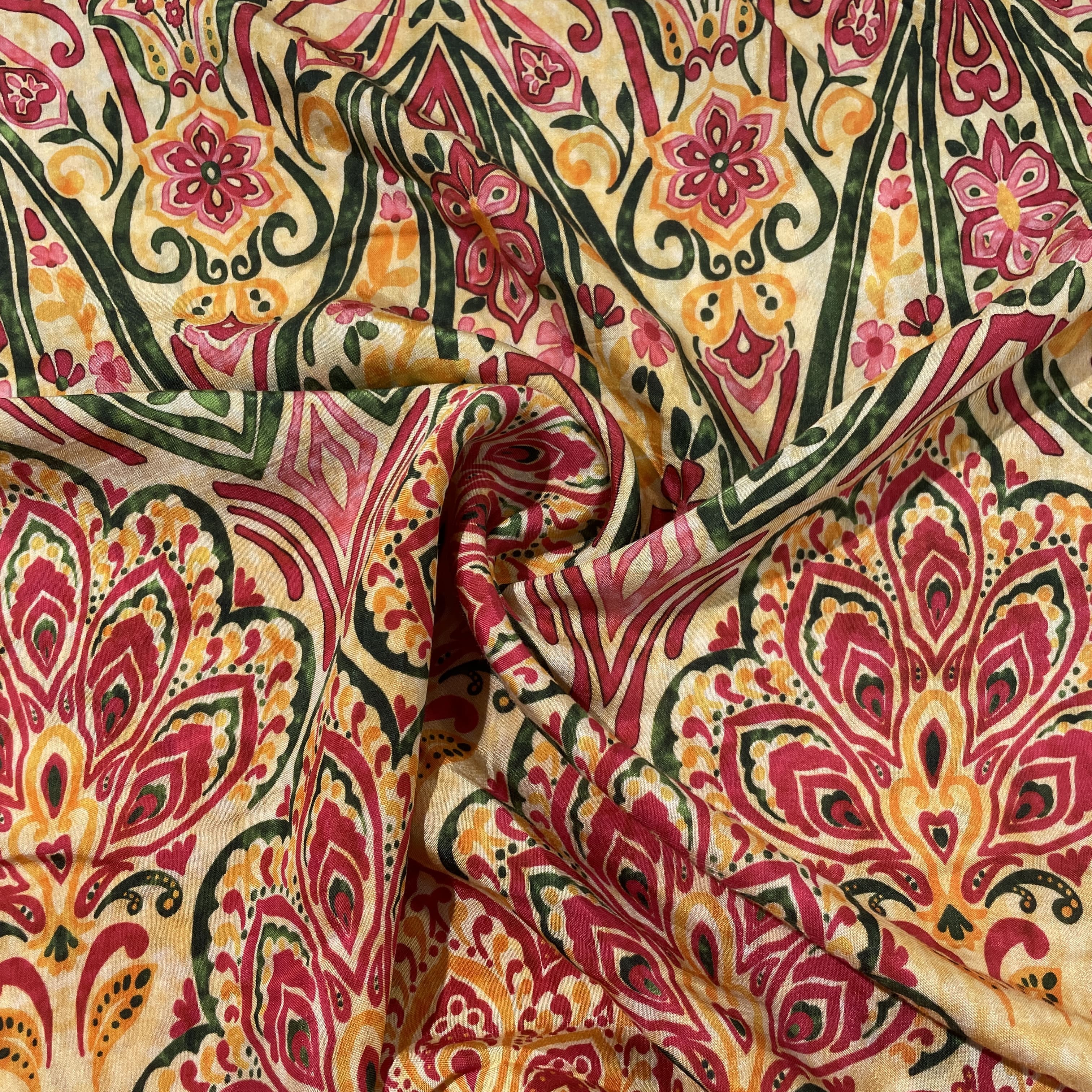 Yellow Red Tropical Print Viscose Muslin Fabric