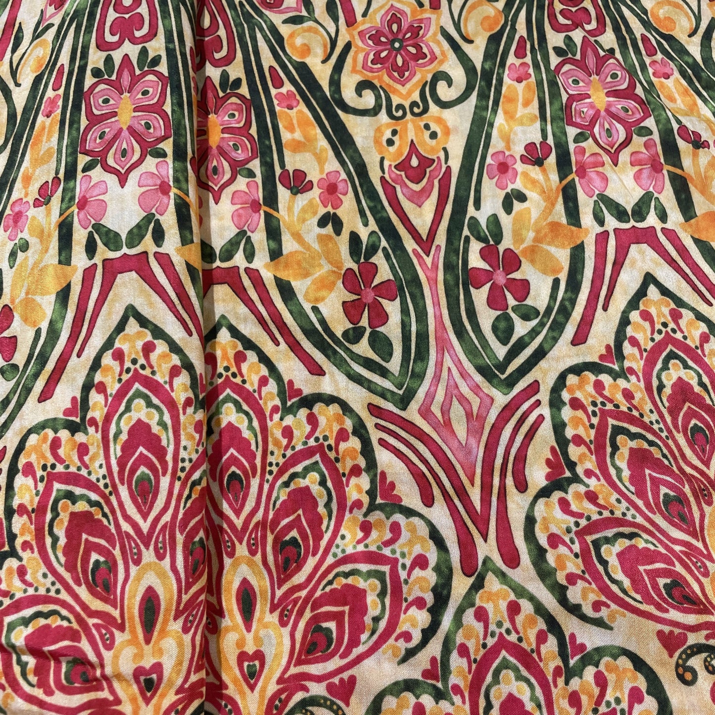 Yellow Red Tropical Print Viscose Muslin Fabric