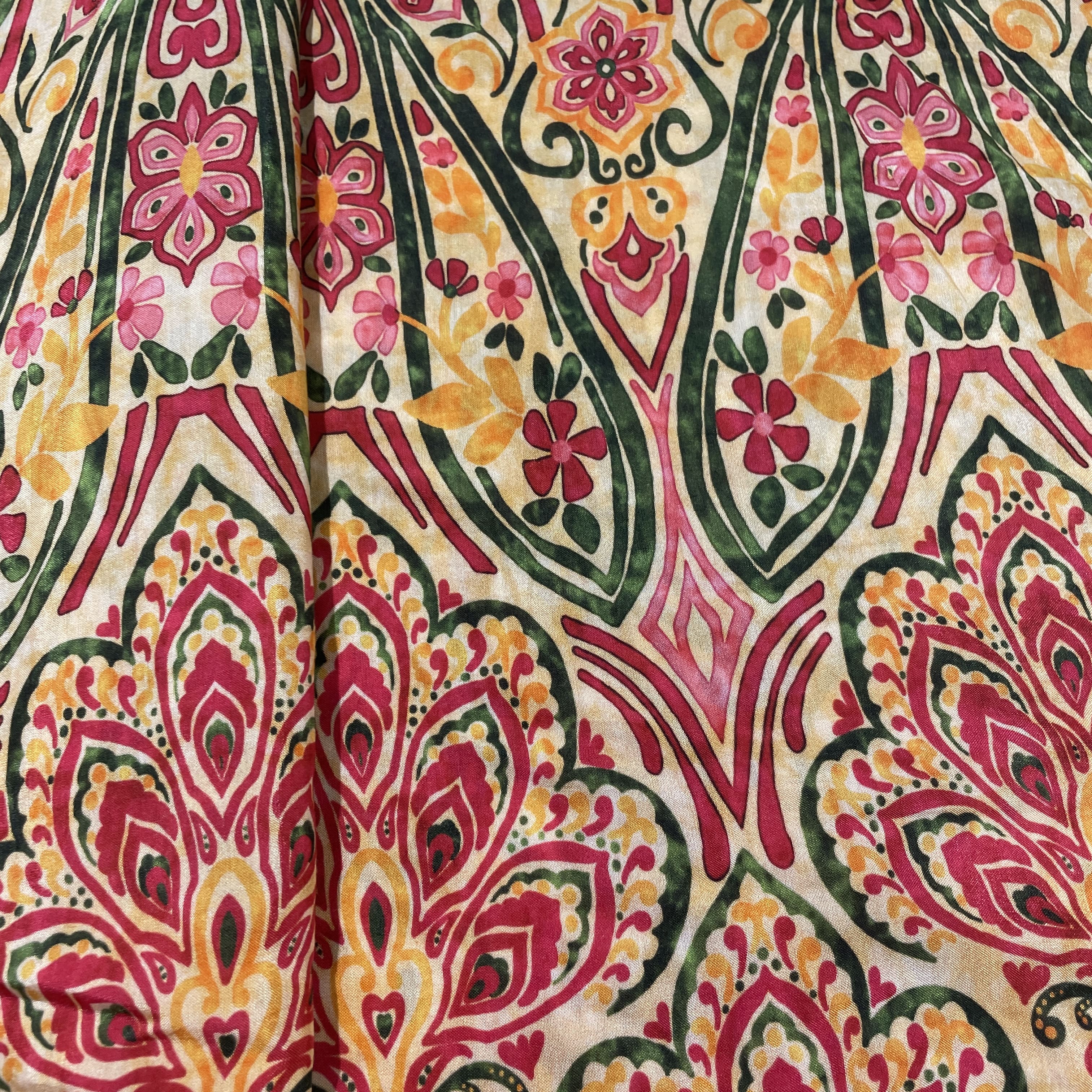 Yellow Red Tropical Print Viscose Muslin Fabric