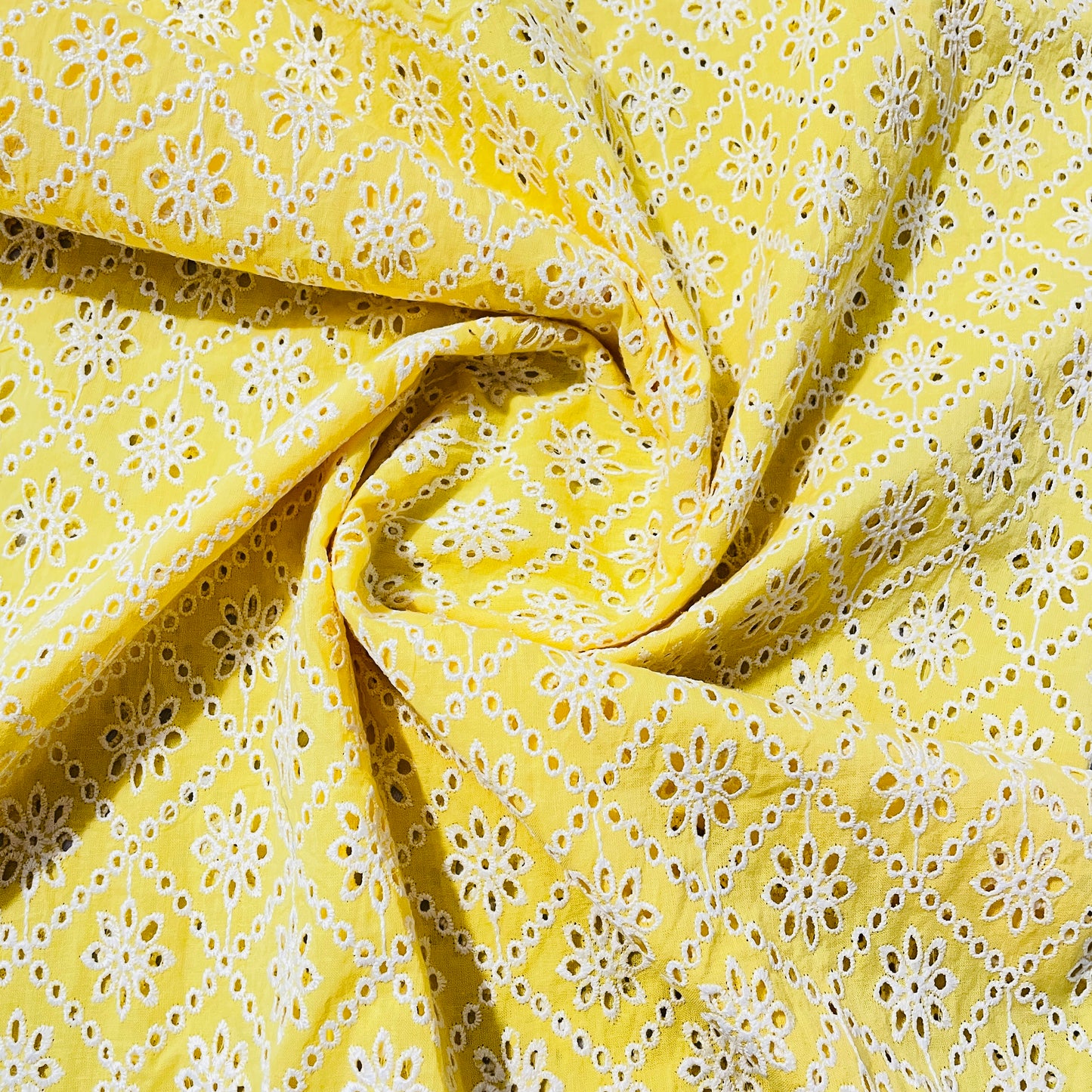 Yellow Floral Embroidery Cotton Schiffli Fabric