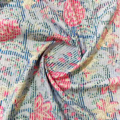 Blue Multicolor Digital Floral Print Embroidery Cotton Fabric - TradeUNO