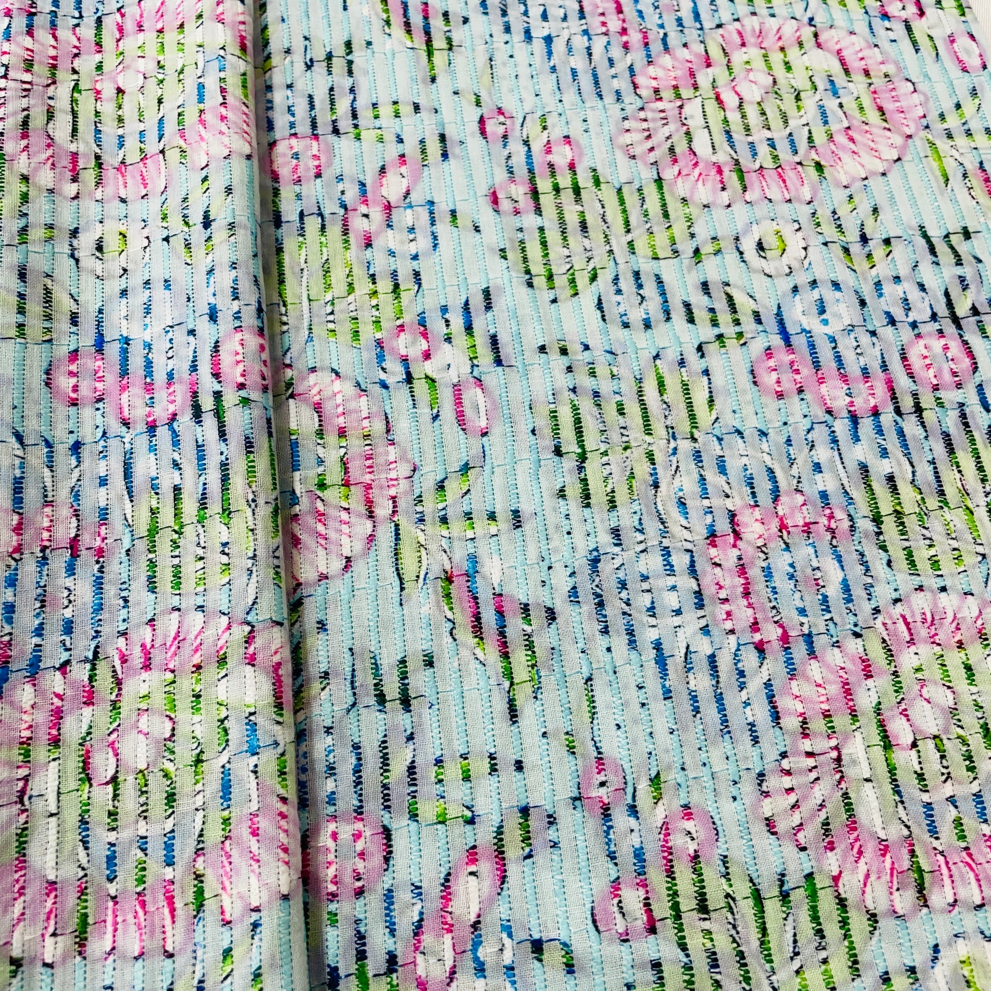 Aqua Blue Multicolor Digital Floral Print Embroidery Cotton Fabric
