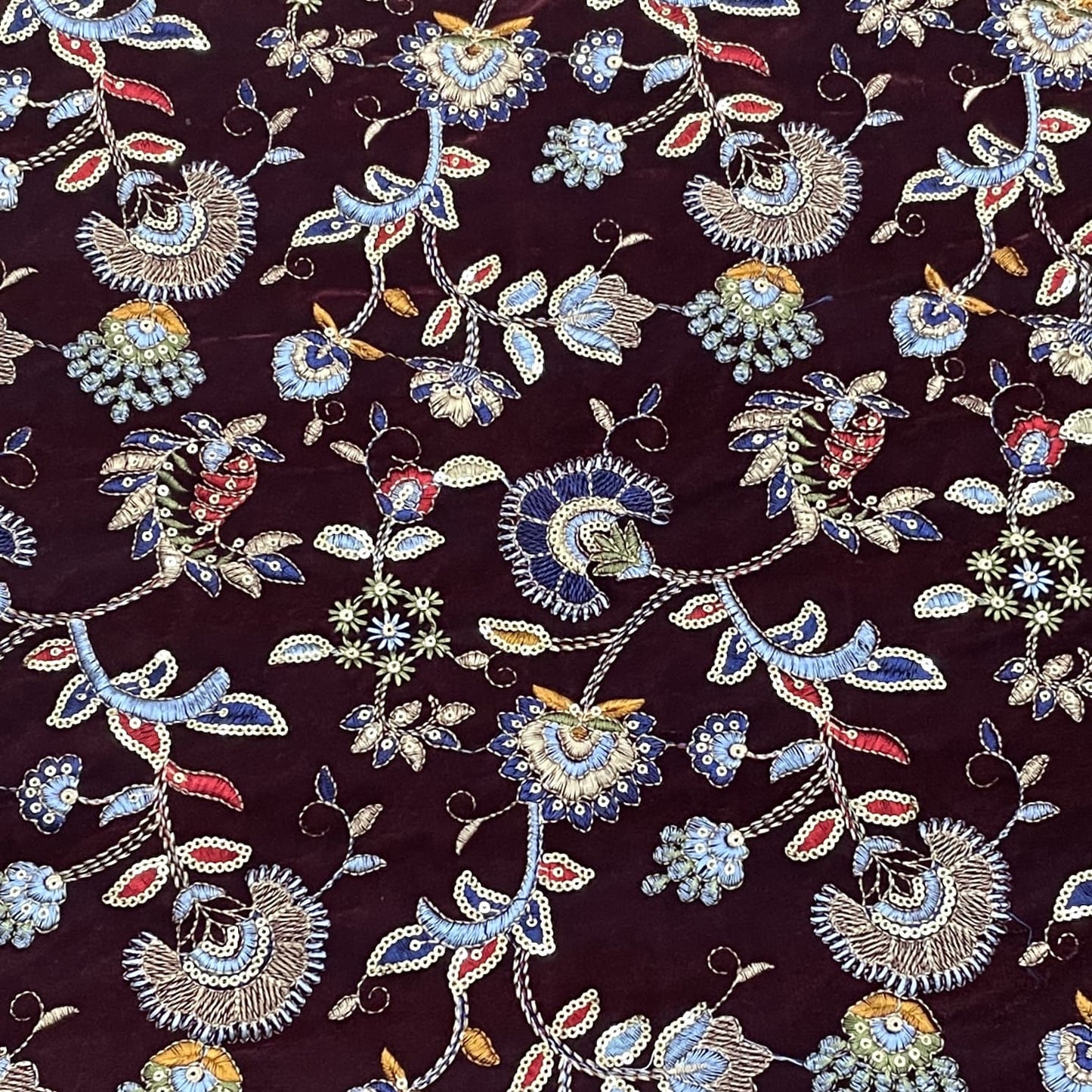 Classic Maroon Floral Sequence Embroidery Velvet Fabric