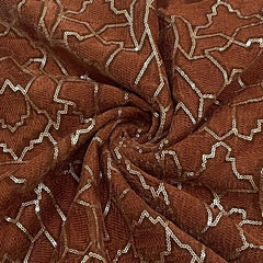 Classic Dusky Orange Abstract Sequence Embroidery Velvet Fabric