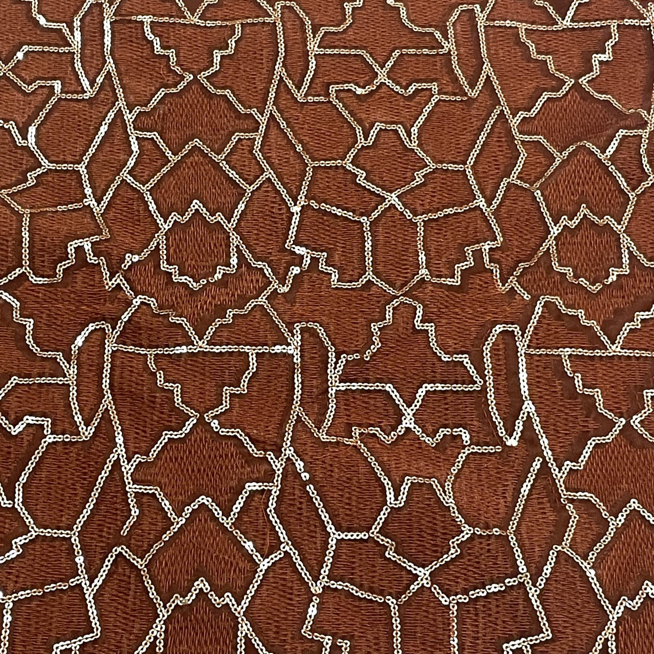 Classic Dusky Orange Abstract Sequence Embroidery Velvet Fabric