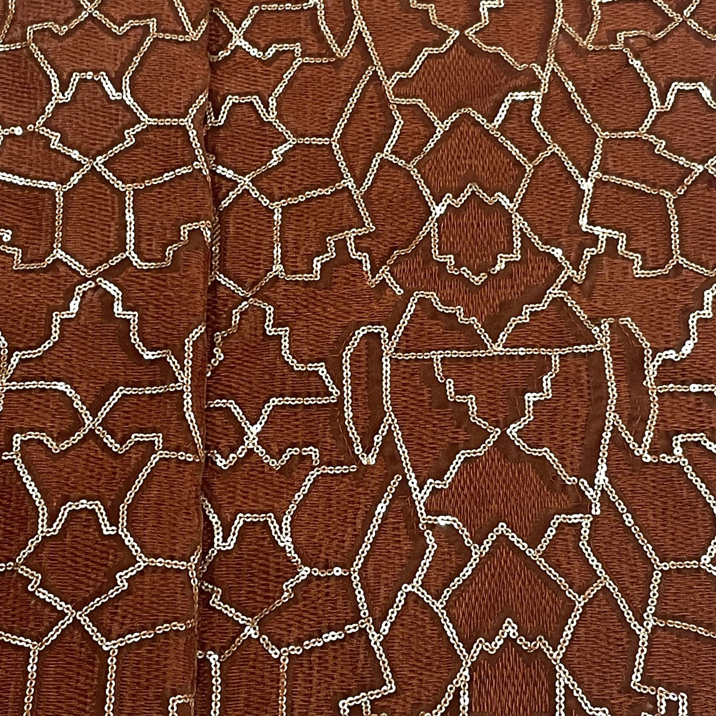 Classic Dusky Orange Abstract Sequence Embroidery Velvet Fabric