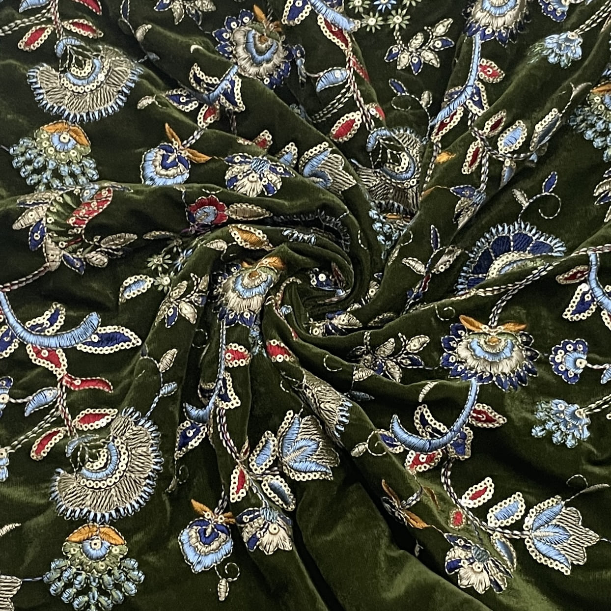 Classic Green Floral Sequence Embroidery Velvet Fabric