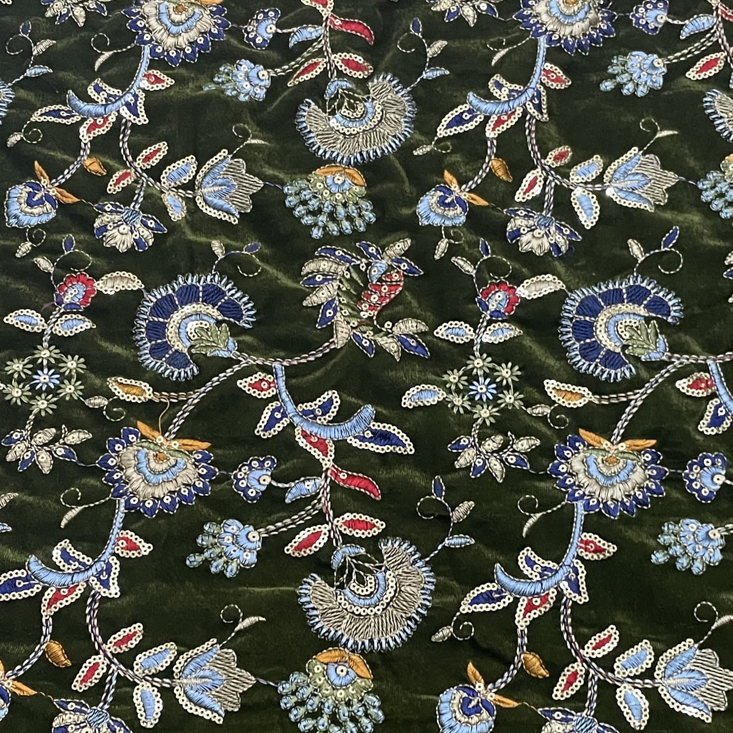 Classic Green Floral Sequence Embroidery Velvet Fabric