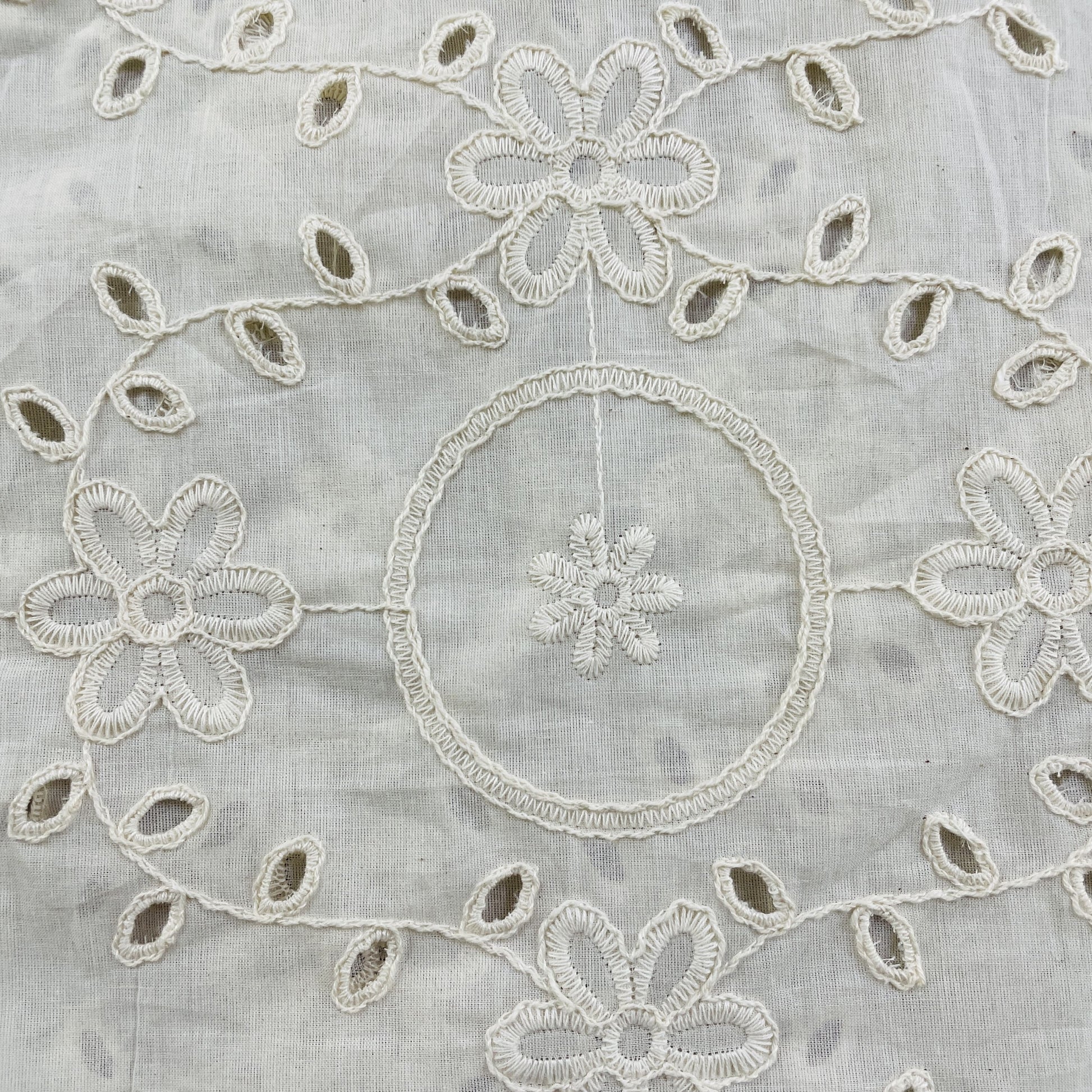 Premium  OffWhite Abstract Floral Thread Embroidery Cotton Schiffli Dyeable Fabric