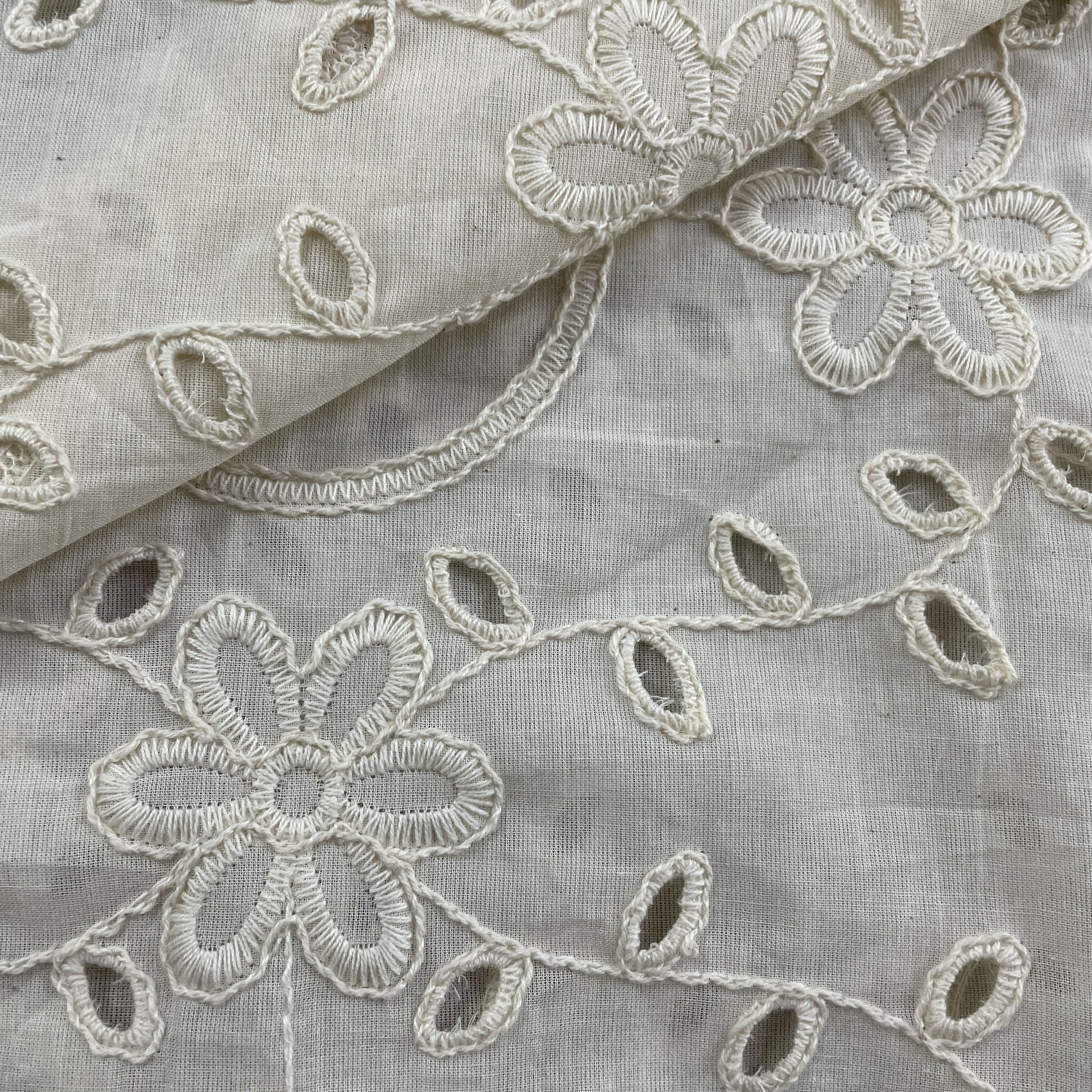 Premium  OffWhite Abstract Floral Thread Embroidery Cotton Schiffli Dyeable Fabric