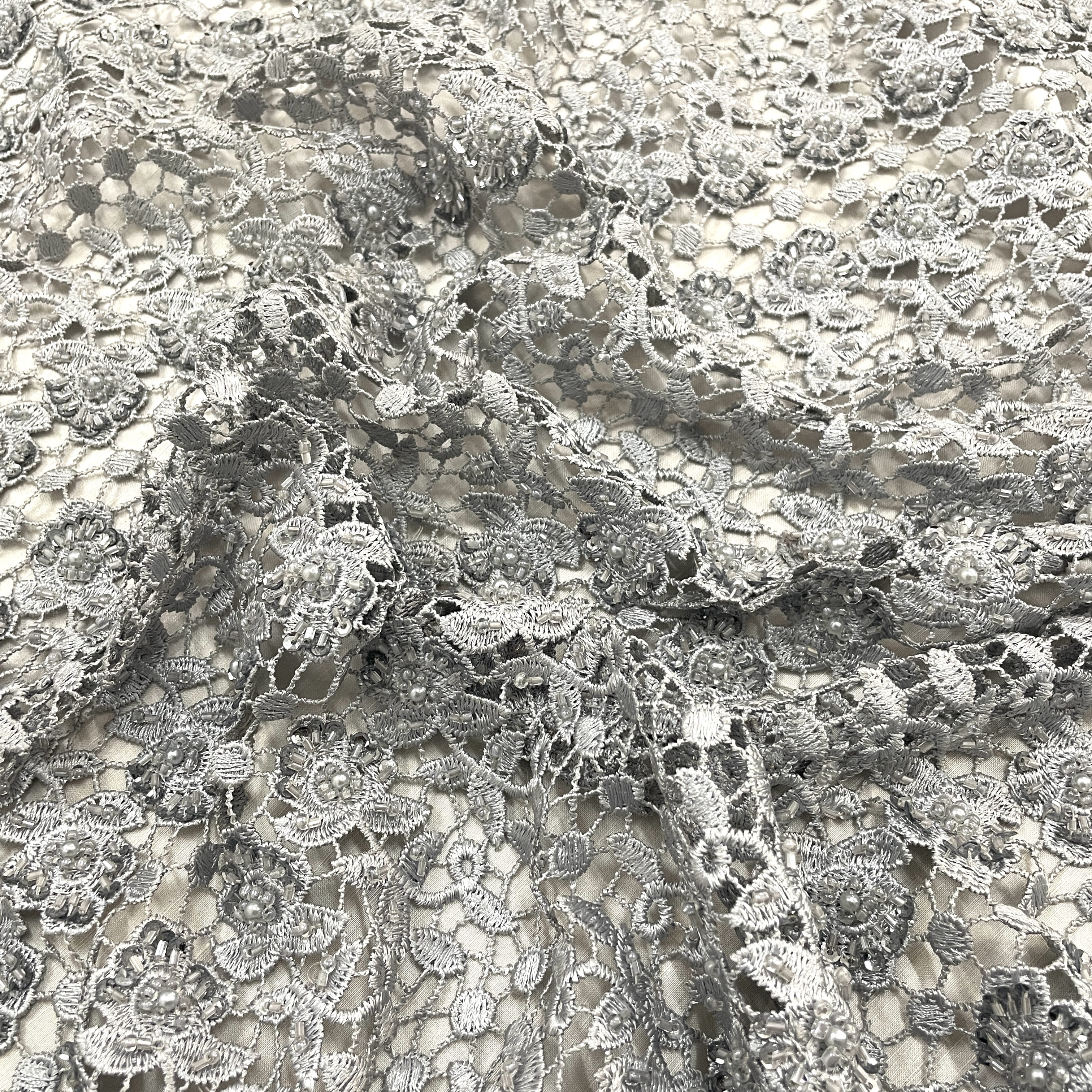 Classic Grey Floral Pearl Embroidery Chantilly Net Fabric