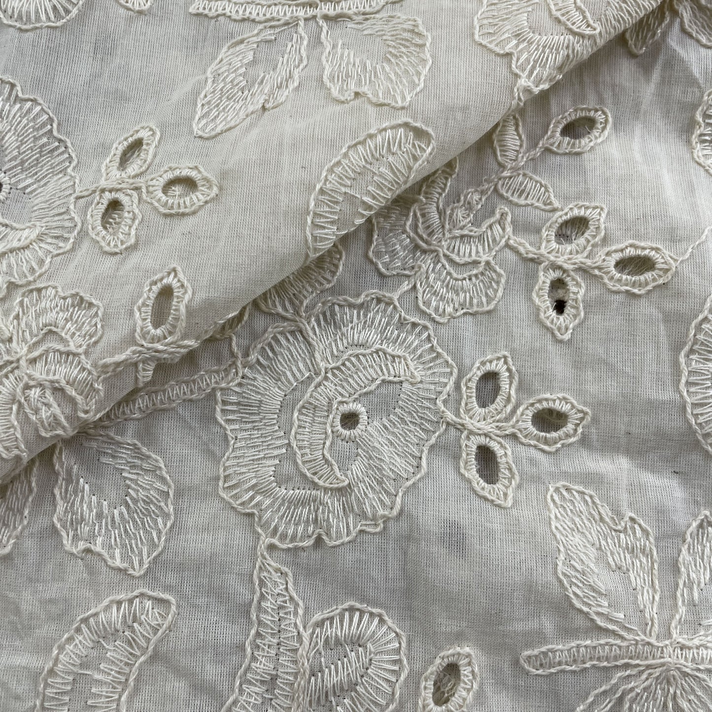 Premium  OffWhite Floral Thread Embroidery Cotton Schiffli Dyeable Fabric