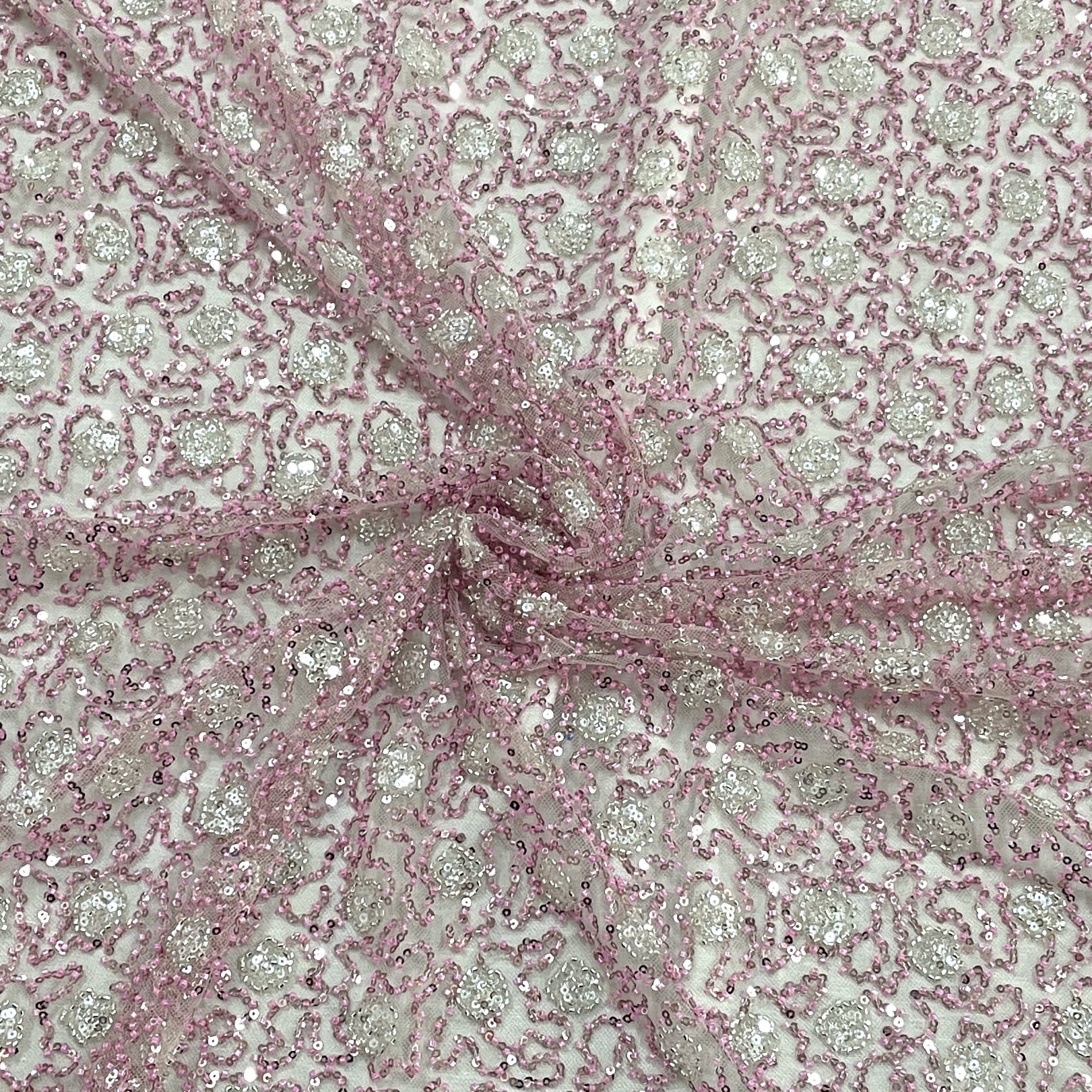 classic pink silver pearl sequence embroidery net fabric