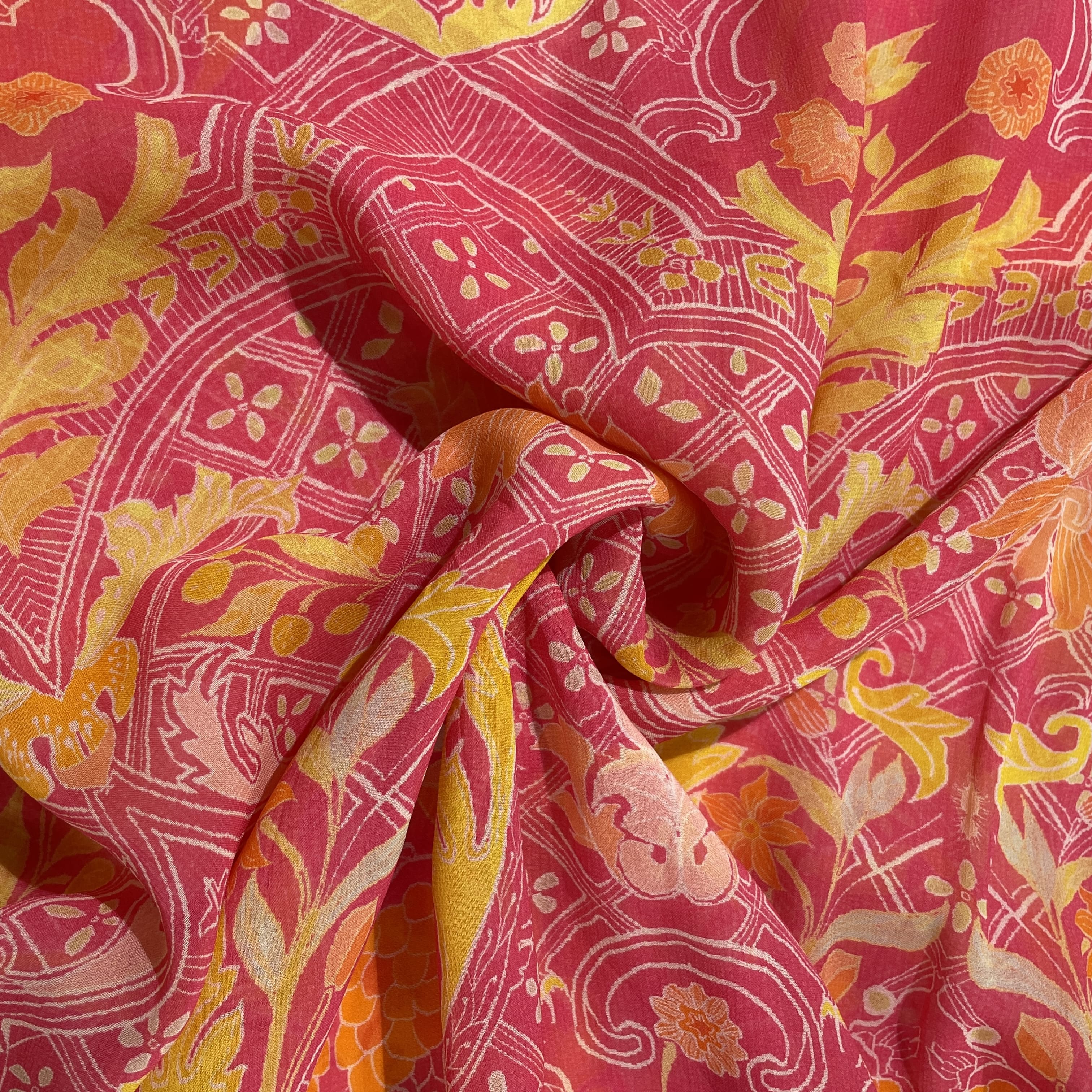 Pink Multicolor Traditional Print Georgette Fabric
