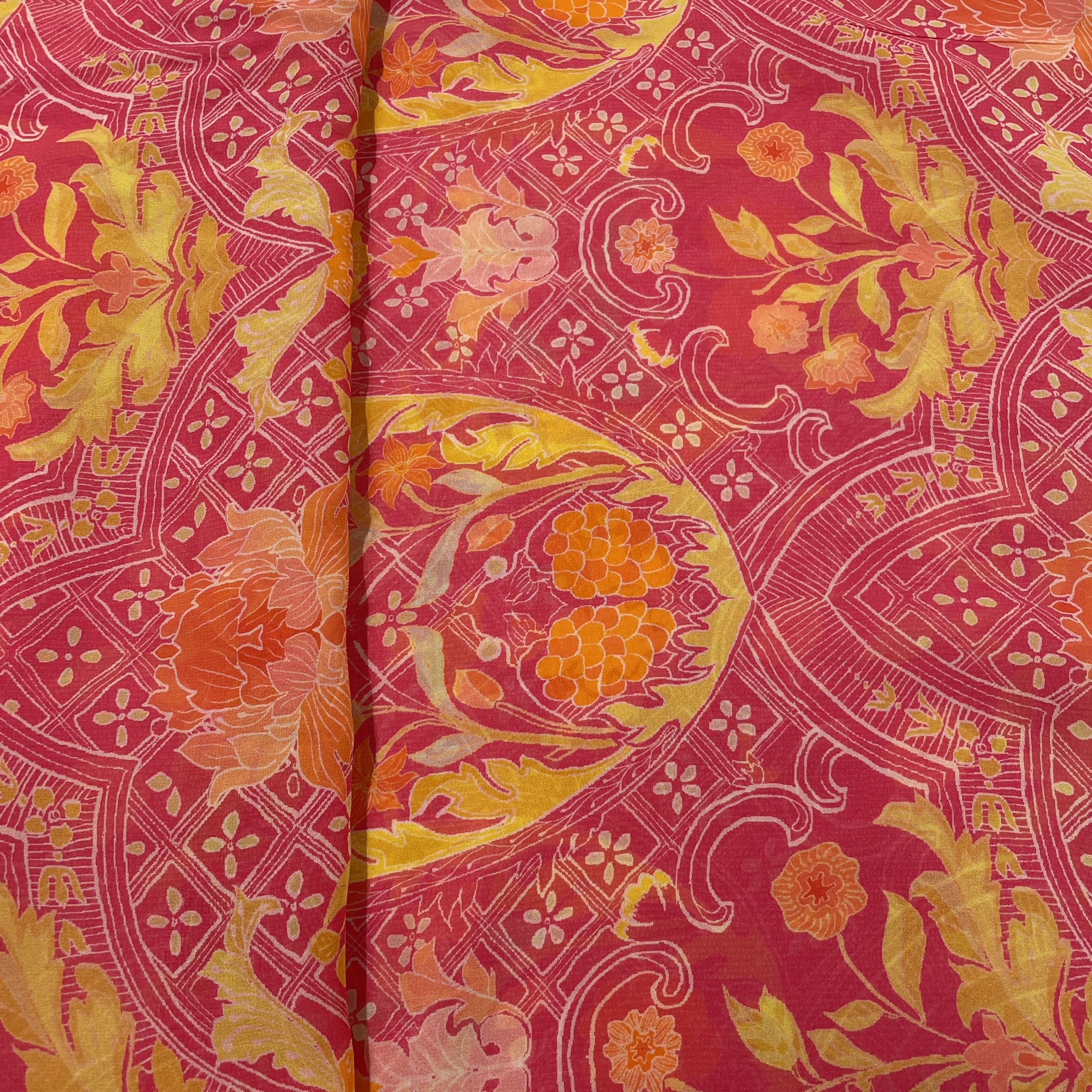 Pink Multicolor Traditional Print Georgette Fabric