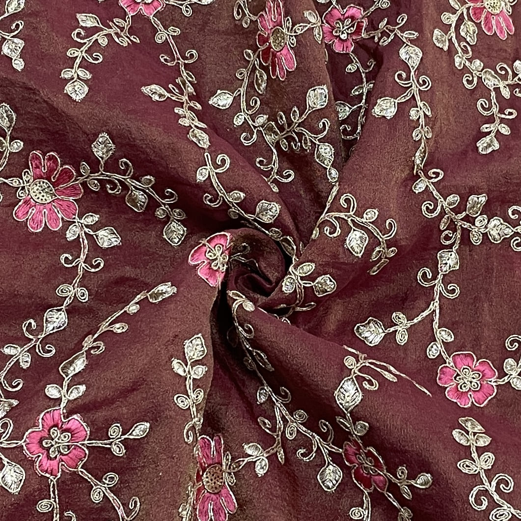 Classic Dark Pink Floral Zari Embroidery Tissue Organza Fabric