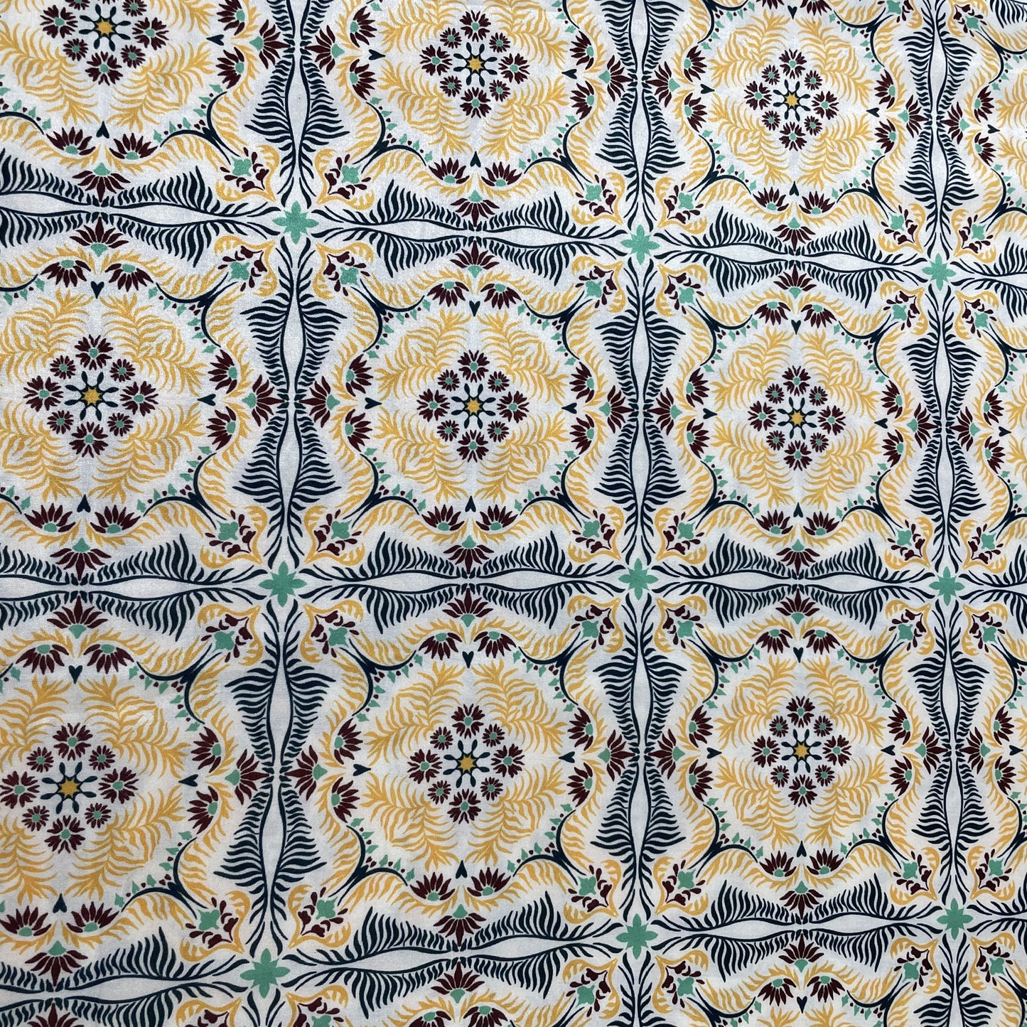 White Blue & Orange Traditional Print Modal Satin Fabric
