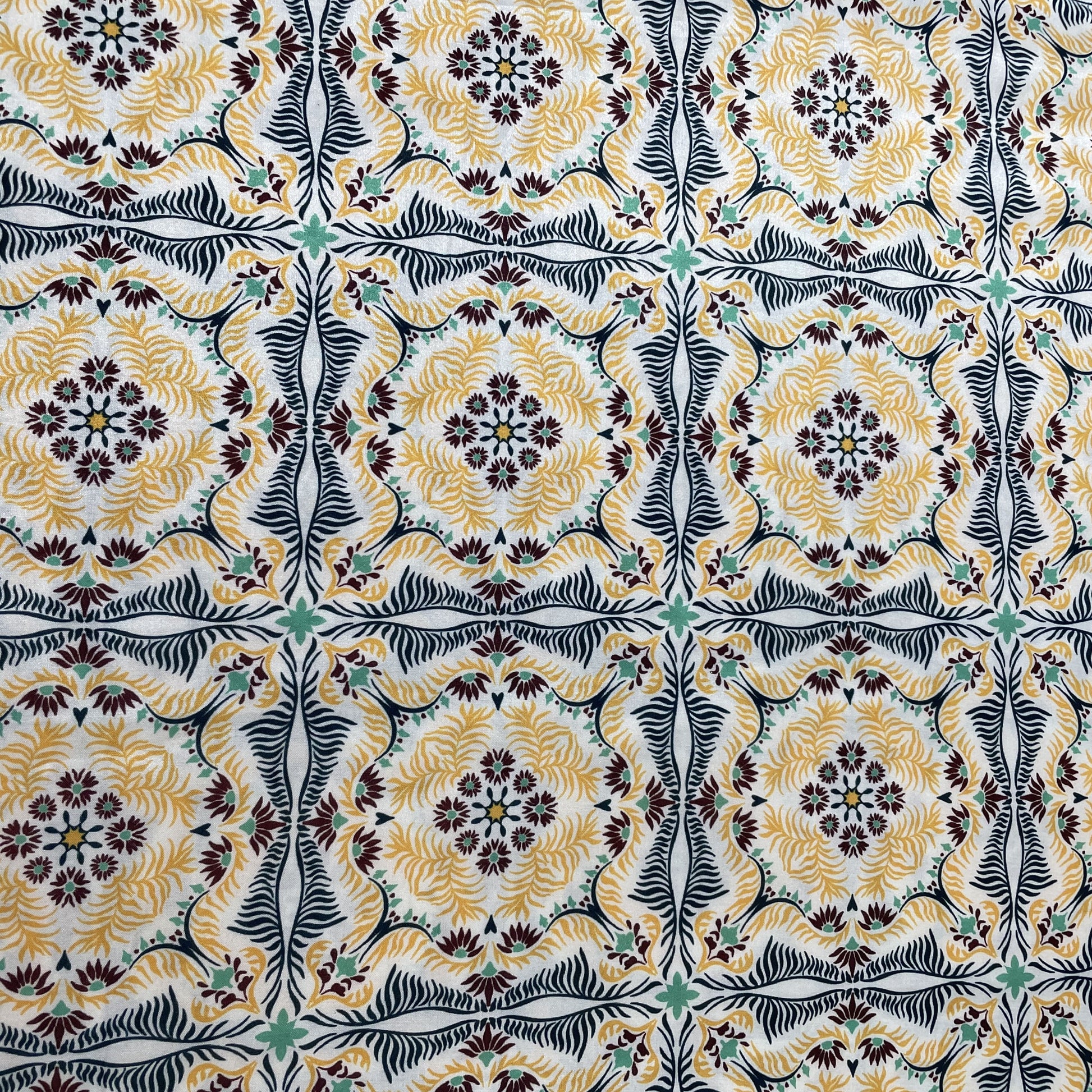White Blue & Orange Traditional Print Modal Satin Fabric