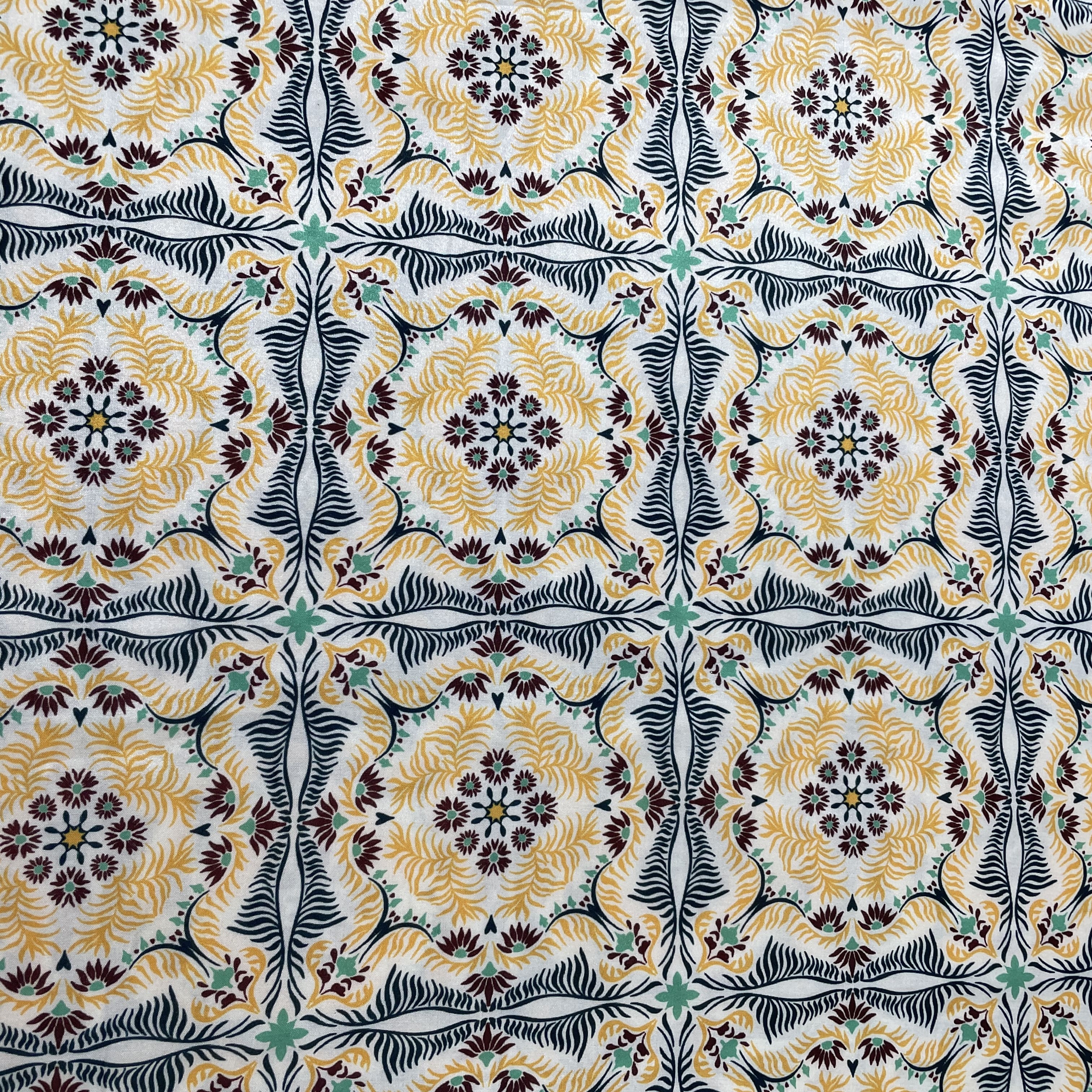 White Blue & Orange Traditional Print Modal Satin Fabric