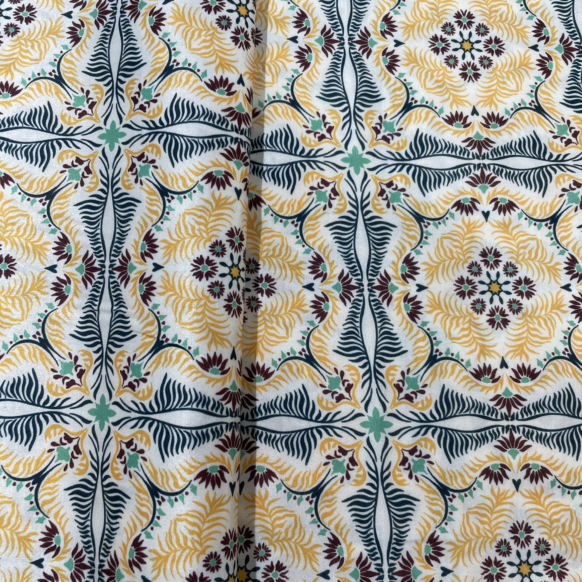 White Blue & Orange Traditional Print Modal Satin Fabric