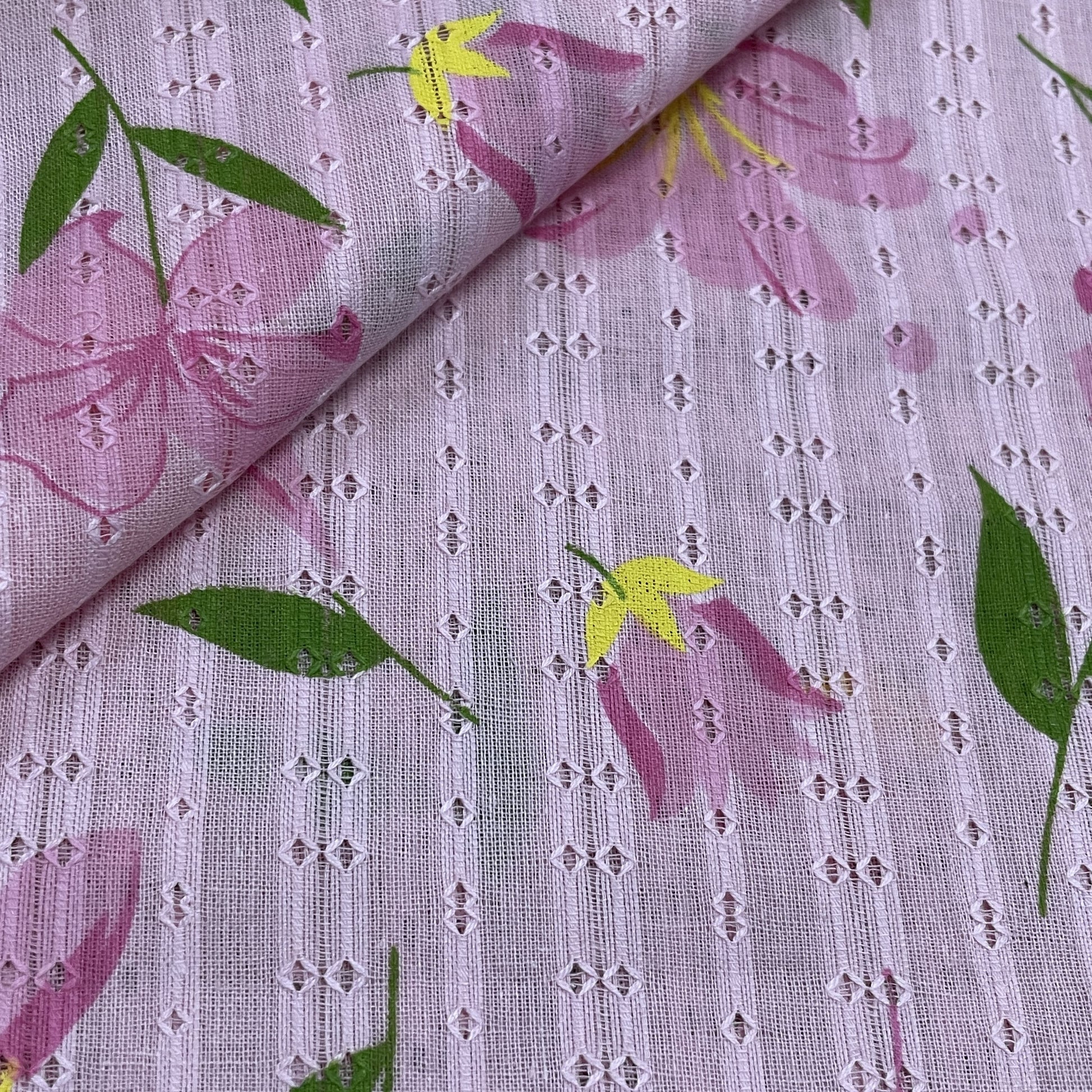 Premium  Pink Floral Dobby Embroidery Cotton Fabric