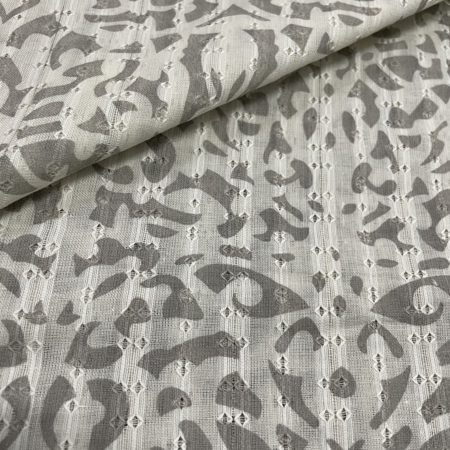 Premium  White Grey Abstract Dobby Embroidery Cotton Fabric