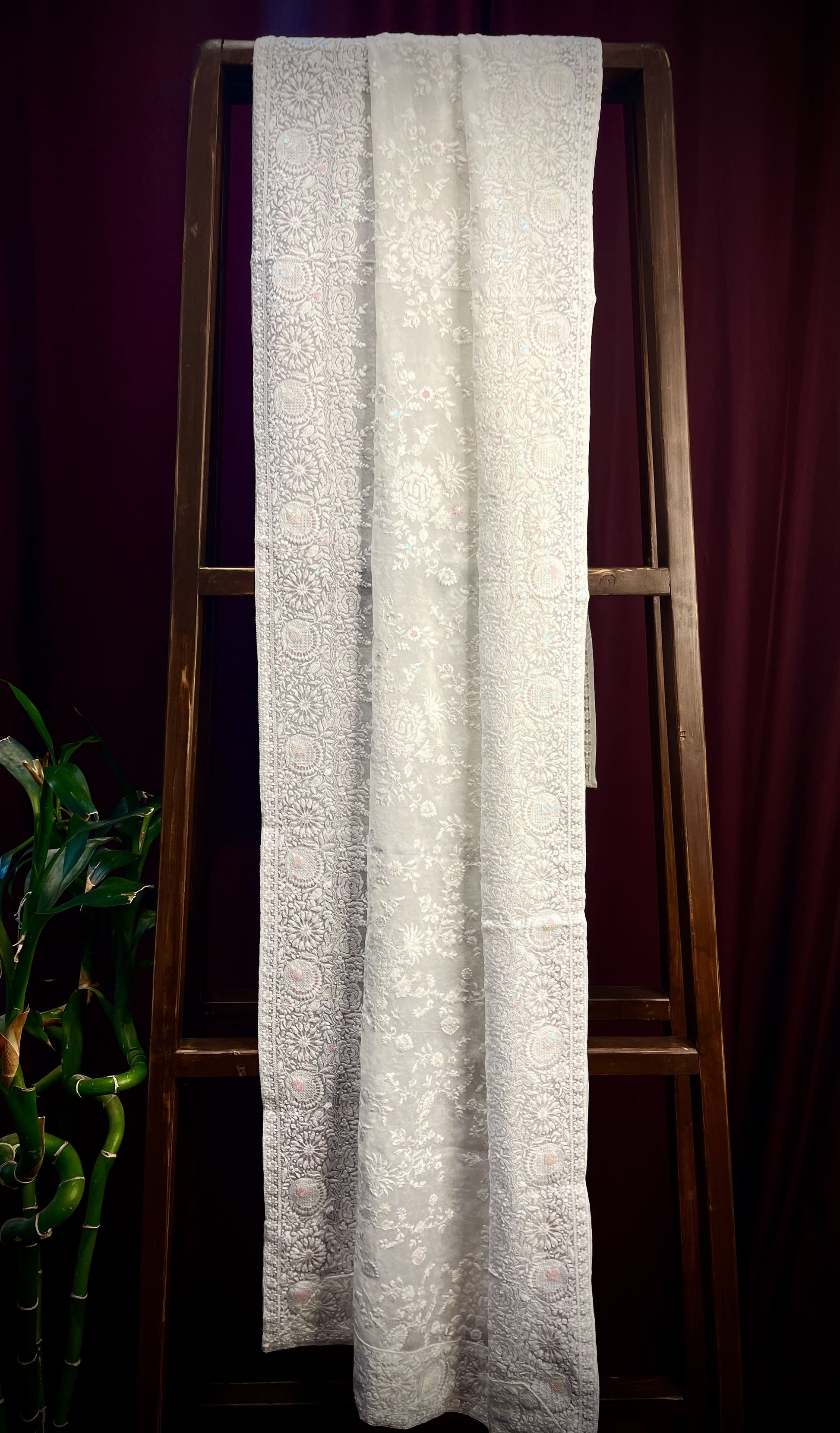Premium  White Floral Thread Sequins Embroidery  Georgette Dupatta