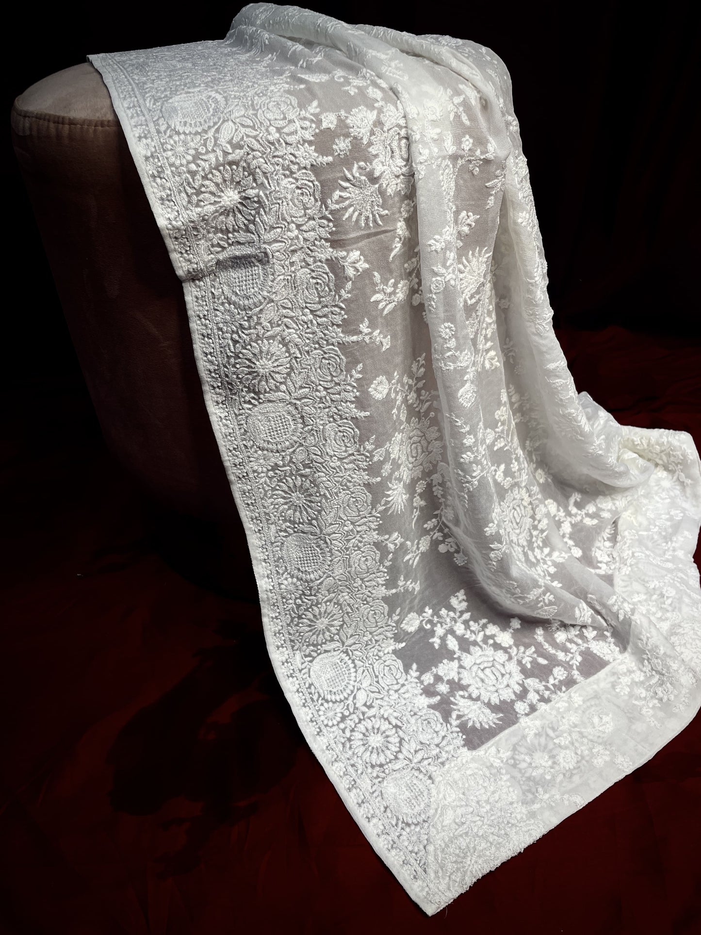 Premium  White Floral Thread Sequins Embroidery  Georgette Dupatta