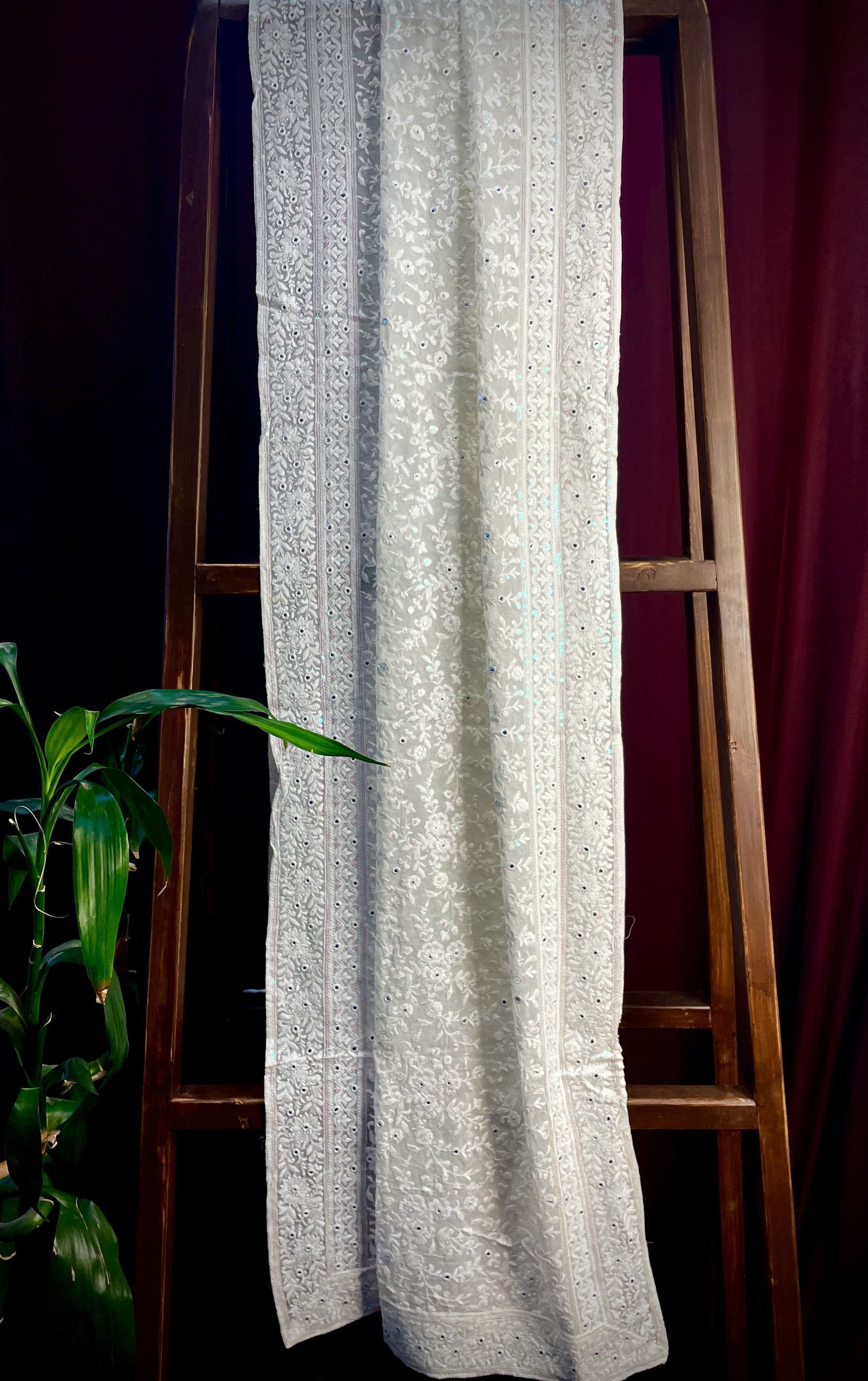 Premium  White Heavy Floral Thread Sequins Embroidery  Georgette Dupatta