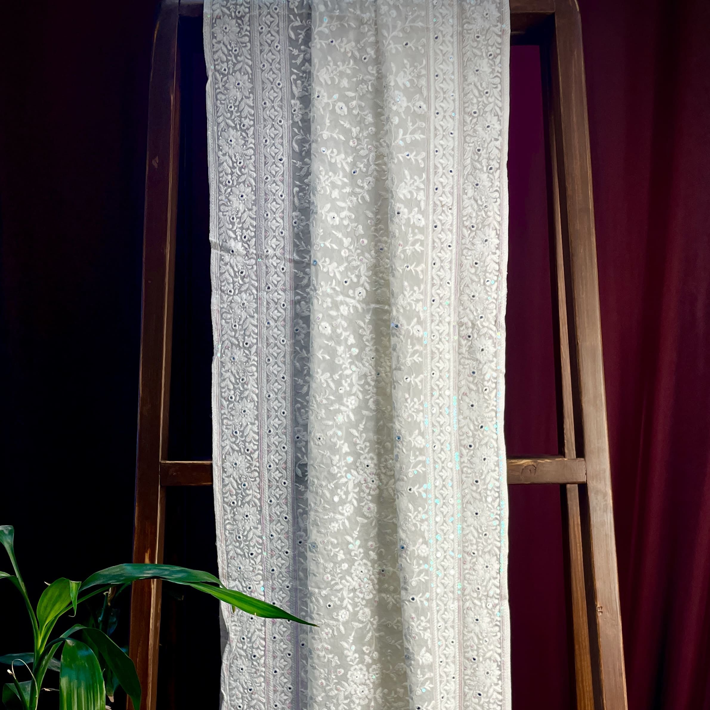 Premium  White Heavy Floral Thread Sequins Embroidery  Georgette Dupatta