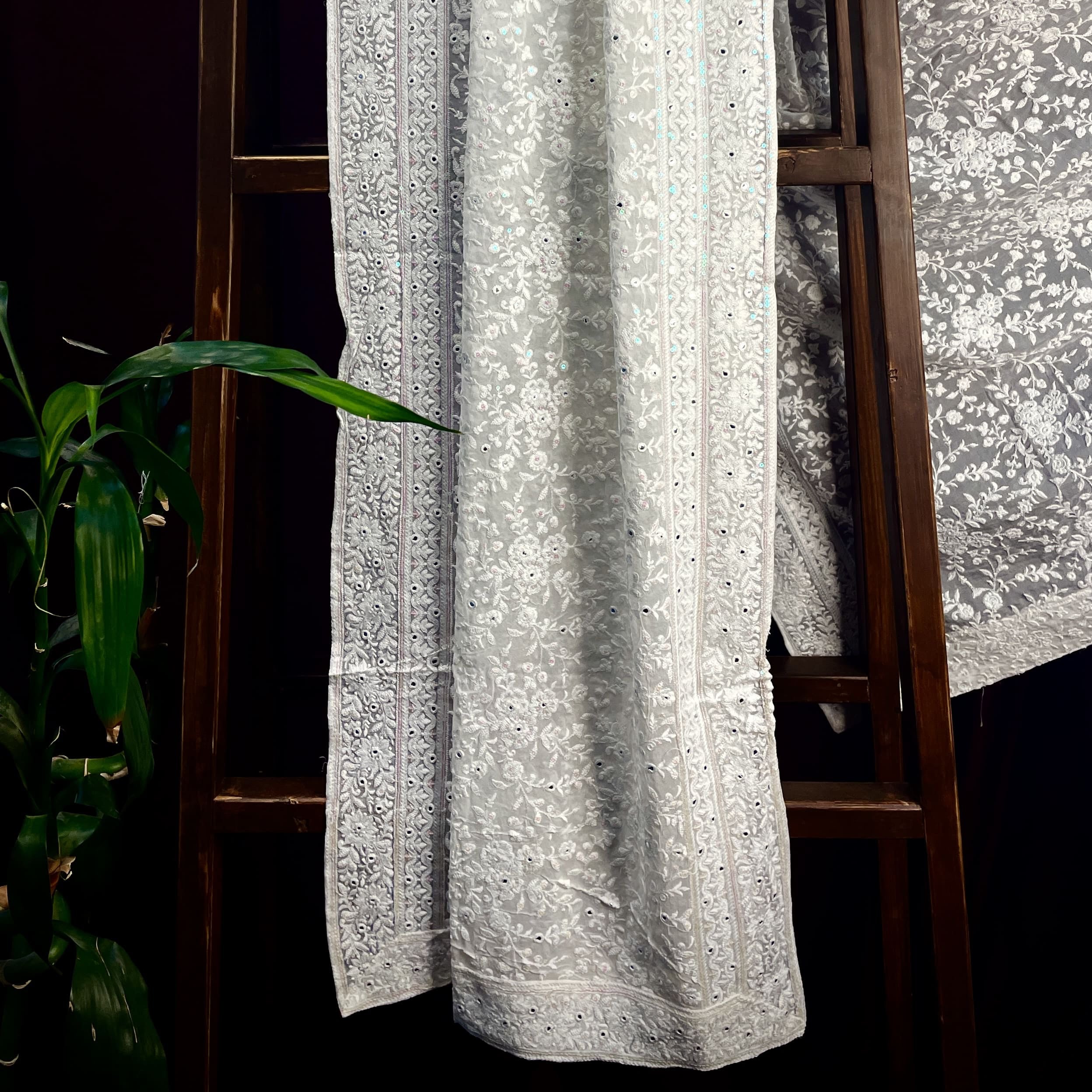 Premium  White Heavy Floral Thread Sequins Embroidery  Georgette Dupatta