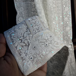 Premium  White Heavy Floral Thread Sequins Embroidery  Georgette Dupatta
