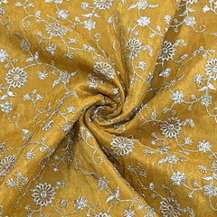 mustard yellow floral zari embroidery tissue organza fabric