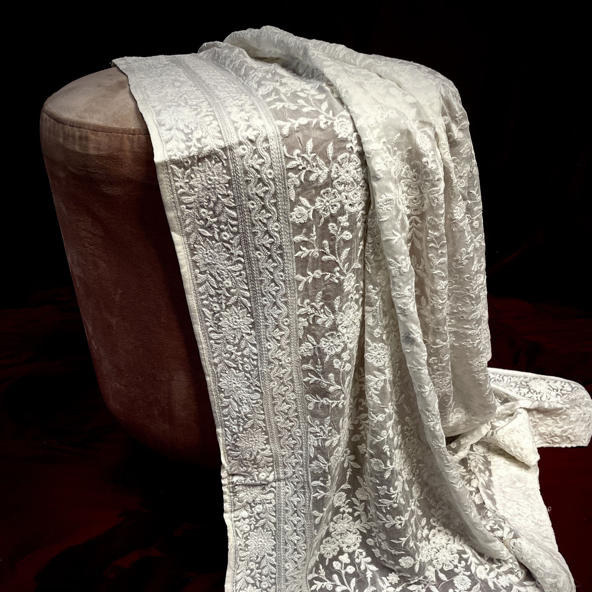 Premium  White Heavy Floral Thread Sequins Embroidery  Georgette Dupatta