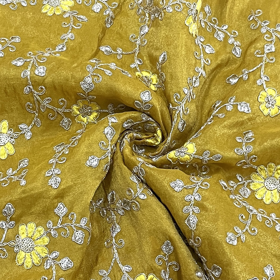classic mustard yellow floral zari embroidery tissue organza fabric