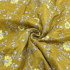 classic mustard yellow floral zari embroidery tissue organza fabric