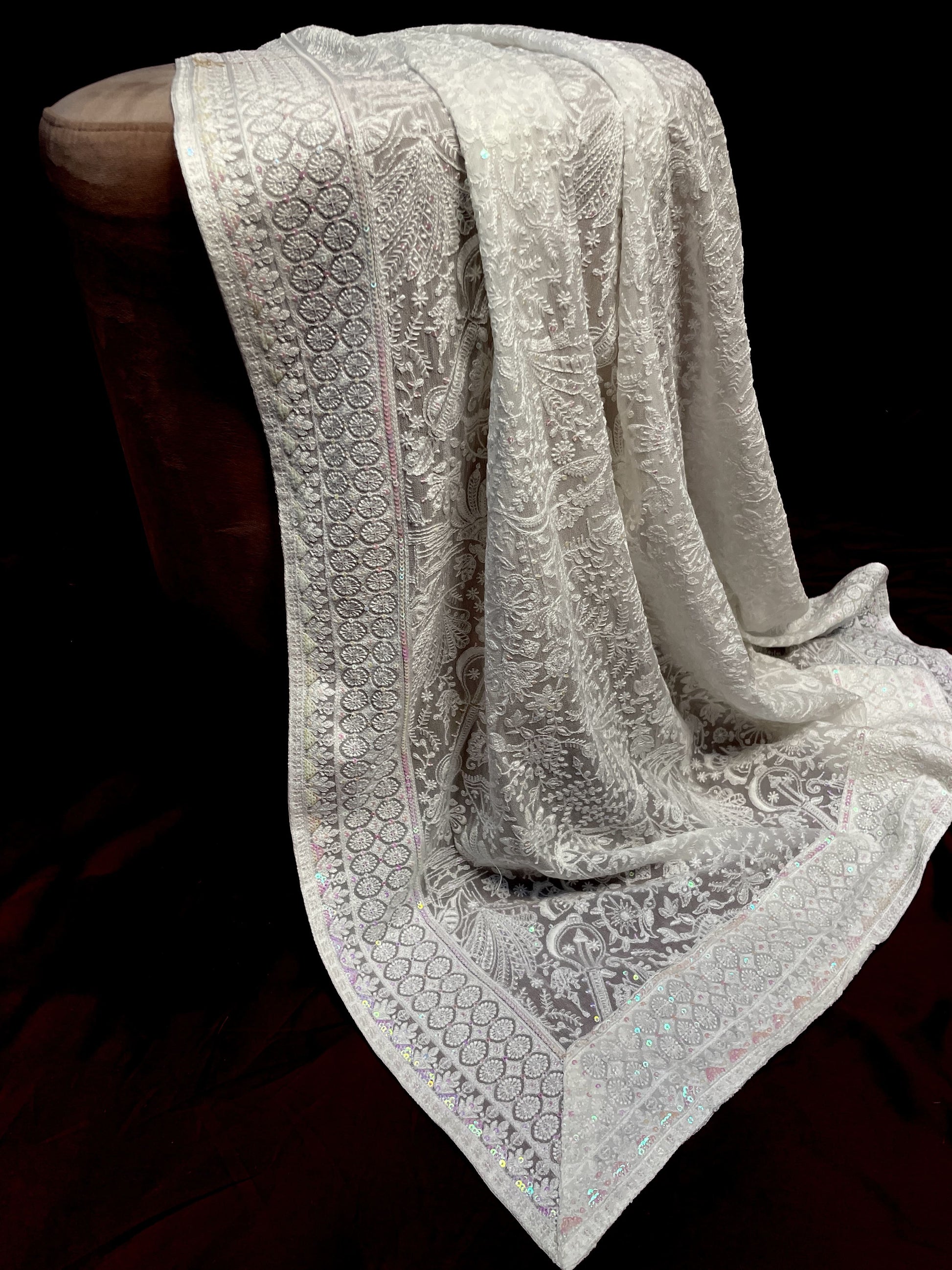 Premium  White Traditional Thread Sequins Embroidery  Georgette Dupatta