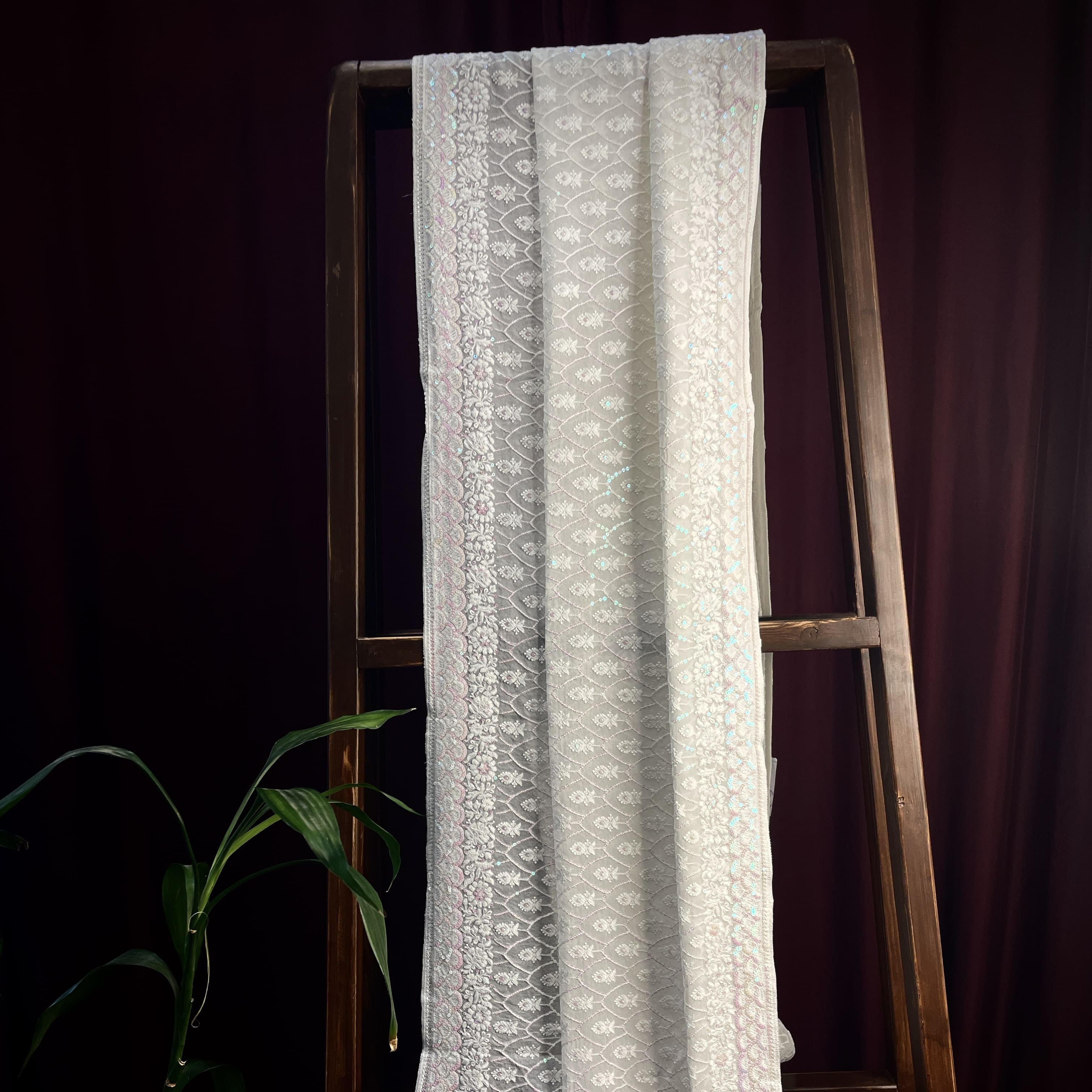 Premium  White Heavy Thread Sequins Embroidery  Georgette Dupatta