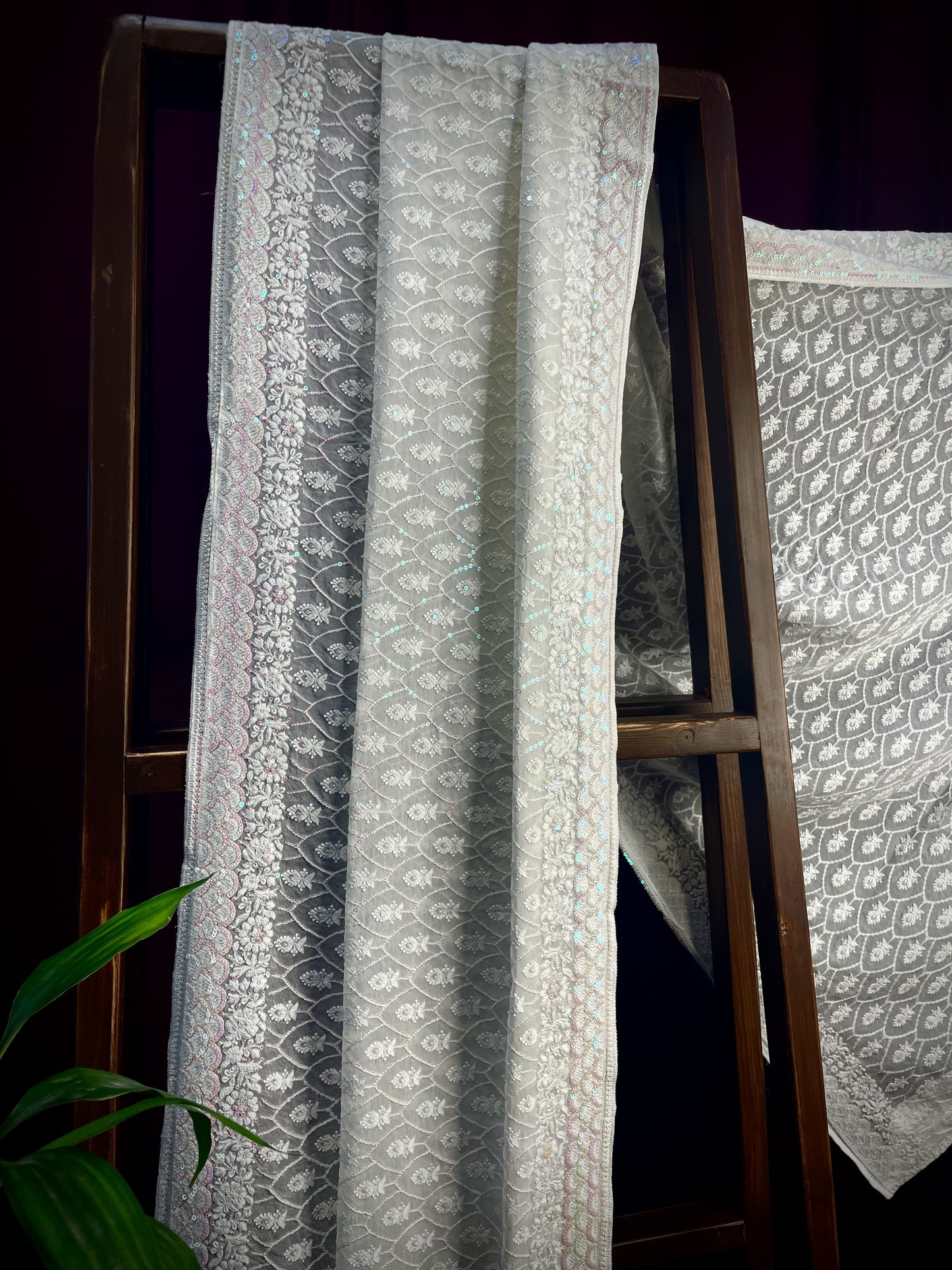 Premium  White Heavy Thread Sequins Embroidery  Georgette Dupatta