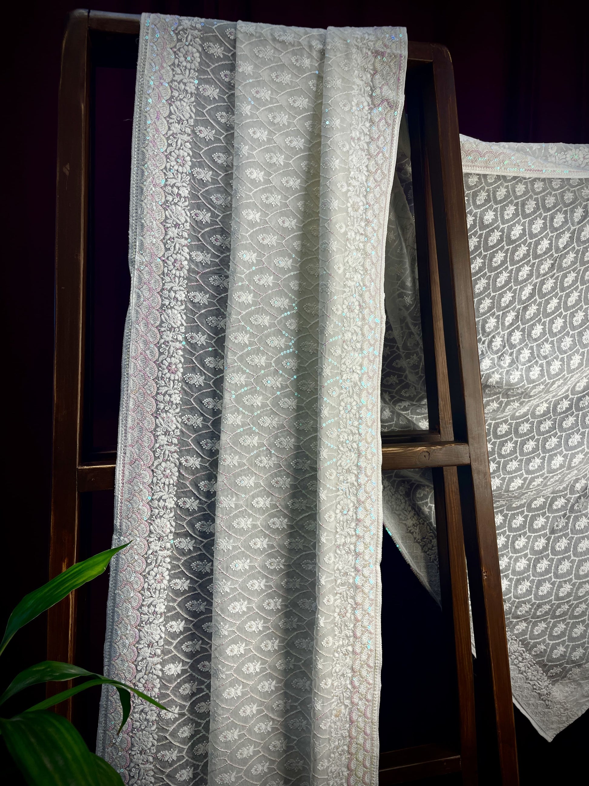 Premium  White Heavy Thread Sequins Embroidery  Georgette Dupatta