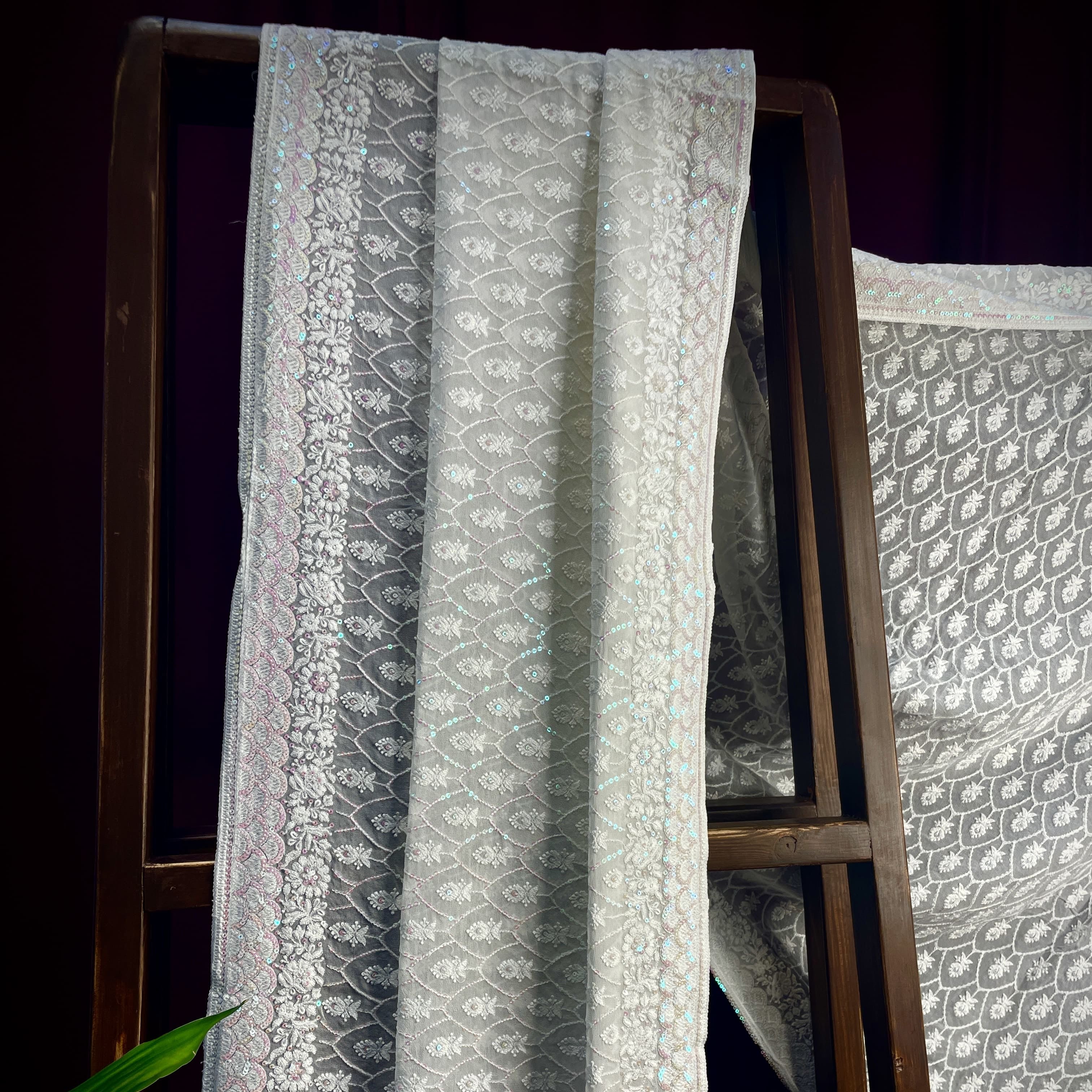 Premium  White Heavy Thread Sequins Embroidery  Georgette Dupatta