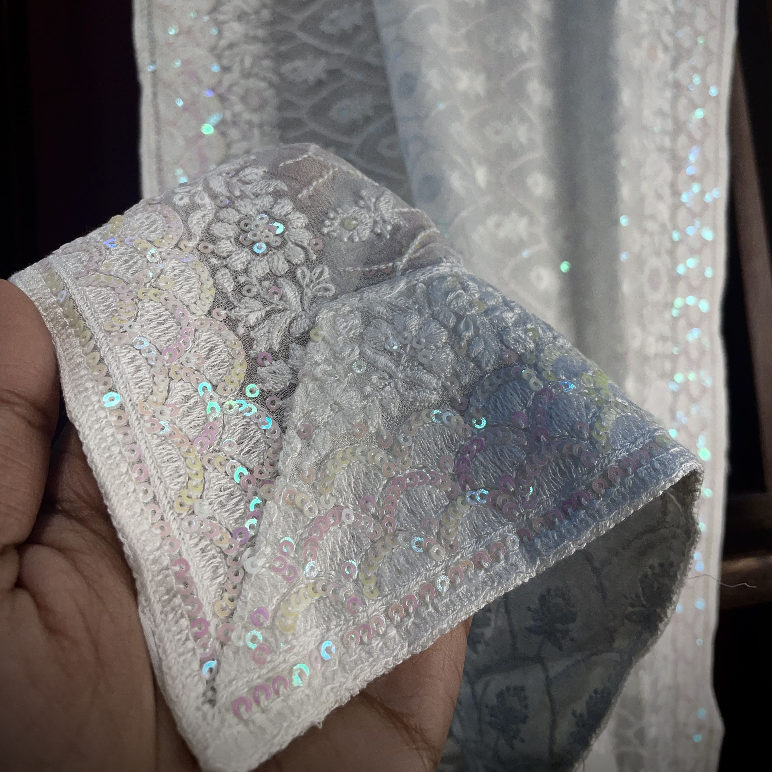 Premium  White Heavy Thread Sequins Embroidery  Georgette Dupatta