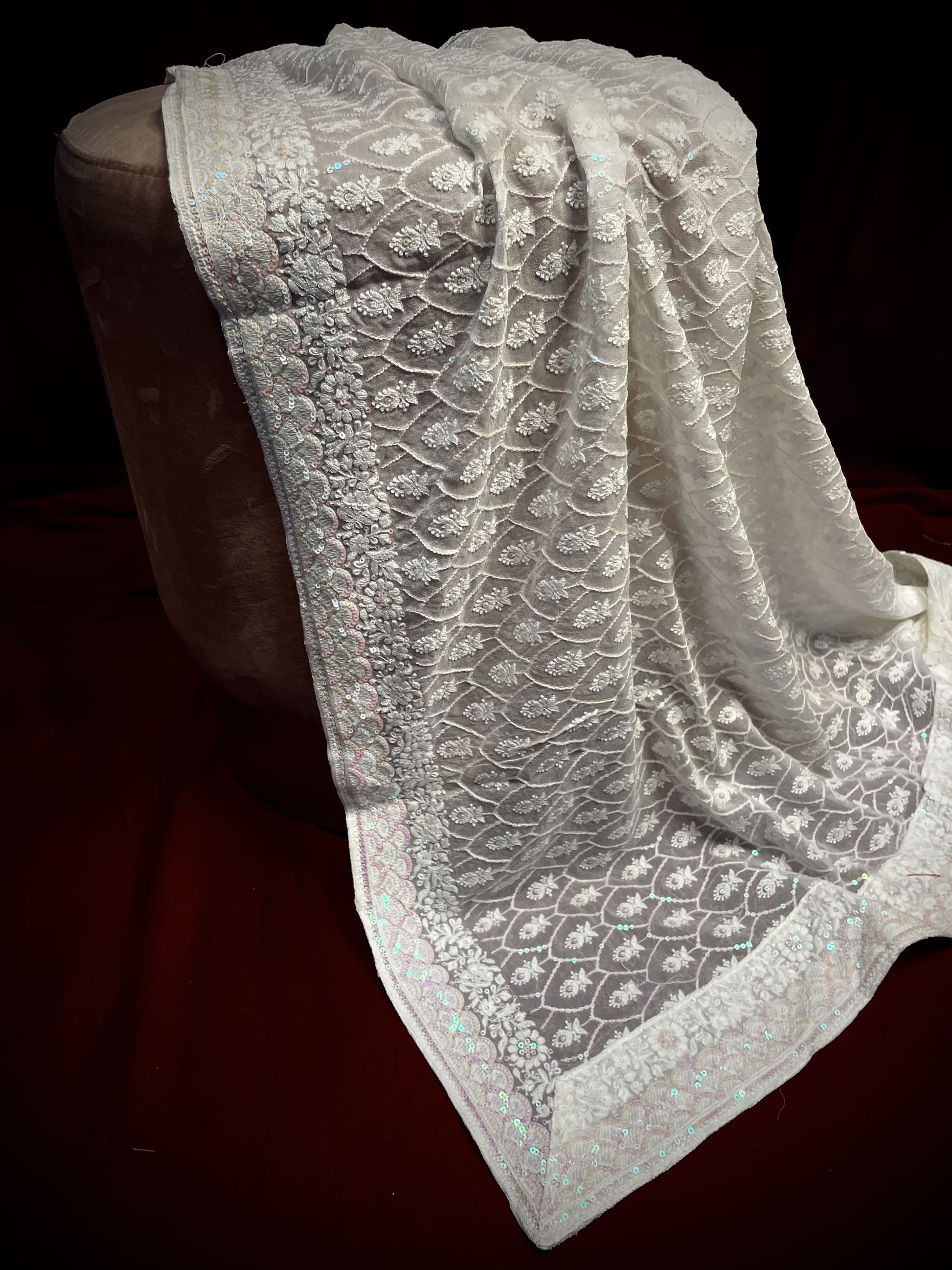 Premium  White Heavy Thread Sequins Embroidery  Georgette Dupatta