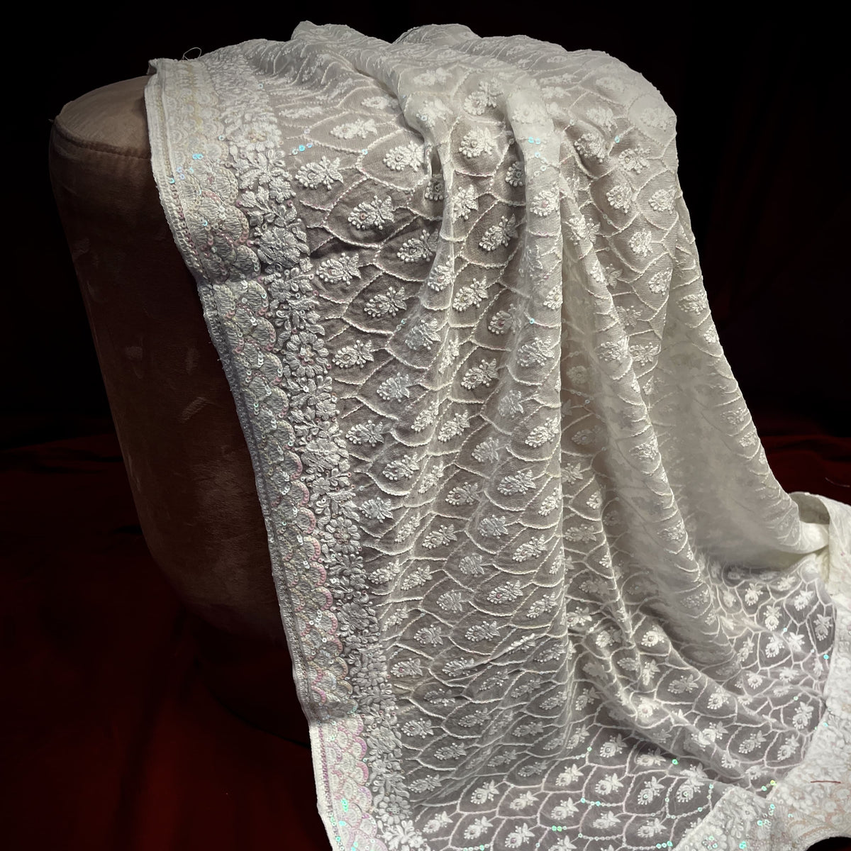 Premium  White Heavy Thread Sequins Embroidery  Georgette Dupatta