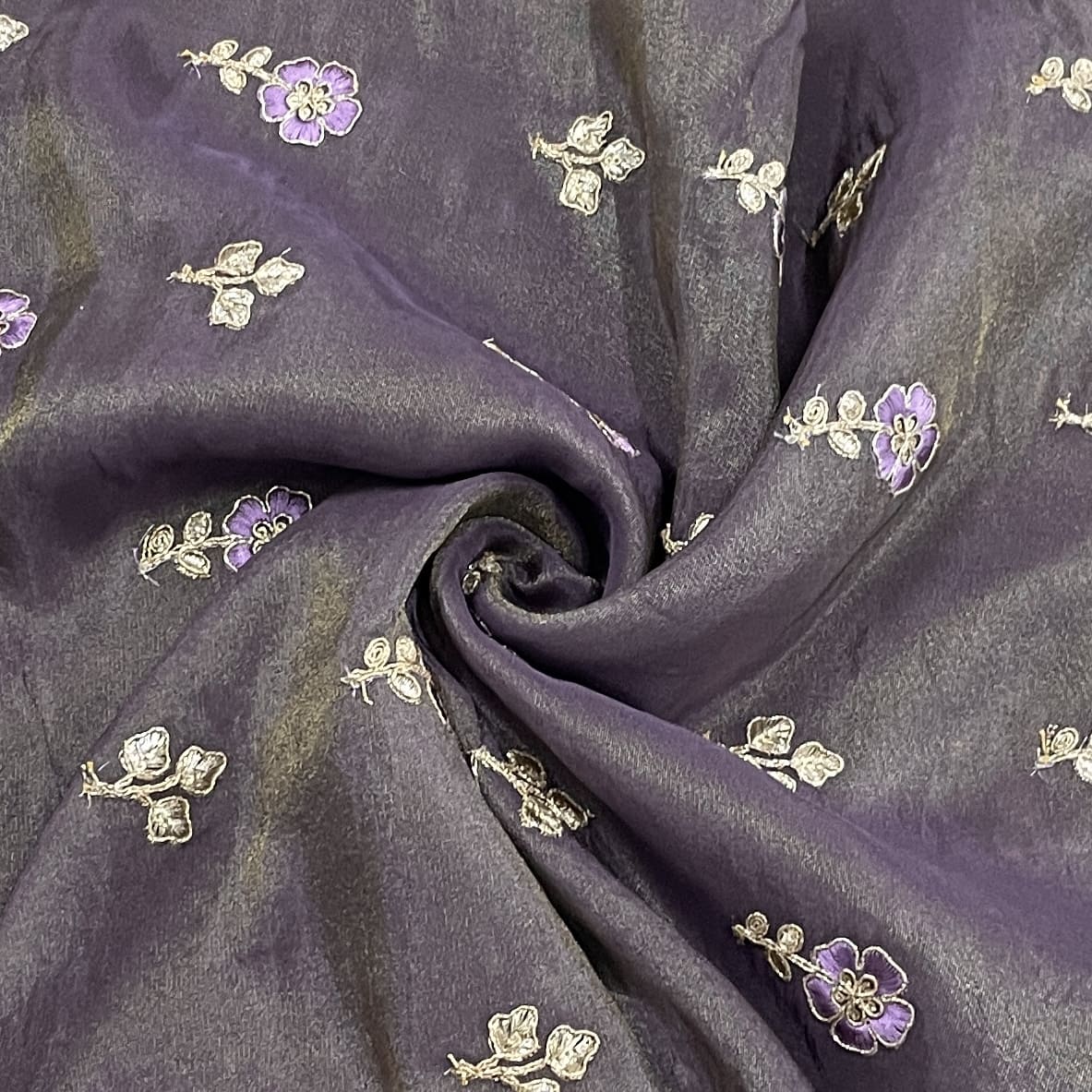 classic purple floral buta zari embroidery tissue organza fabric