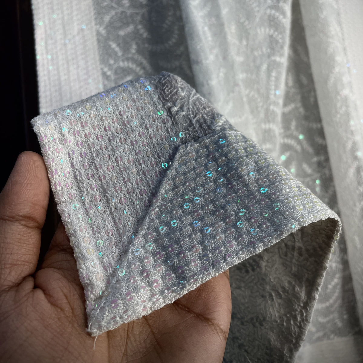 Premium  White Abstract Thread Sequins Embroidery  Georgette Dupatta