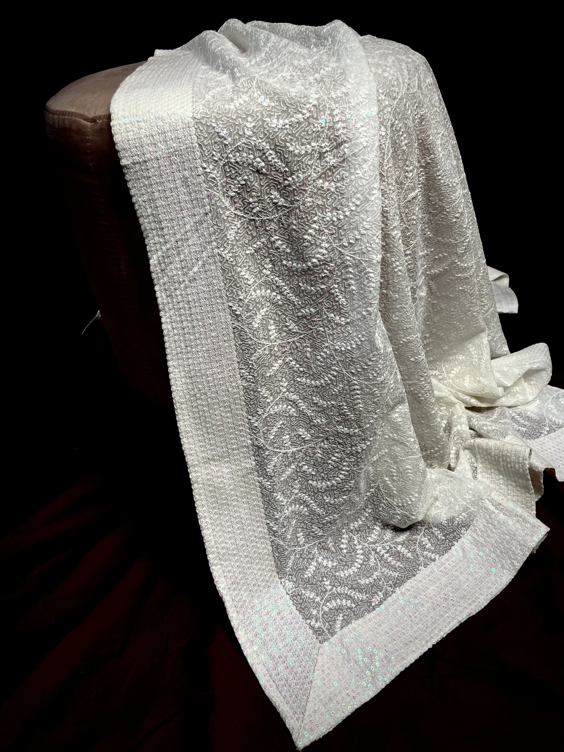 Premium  White Abstract Thread Sequins Embroidery  Georgette Dupatta